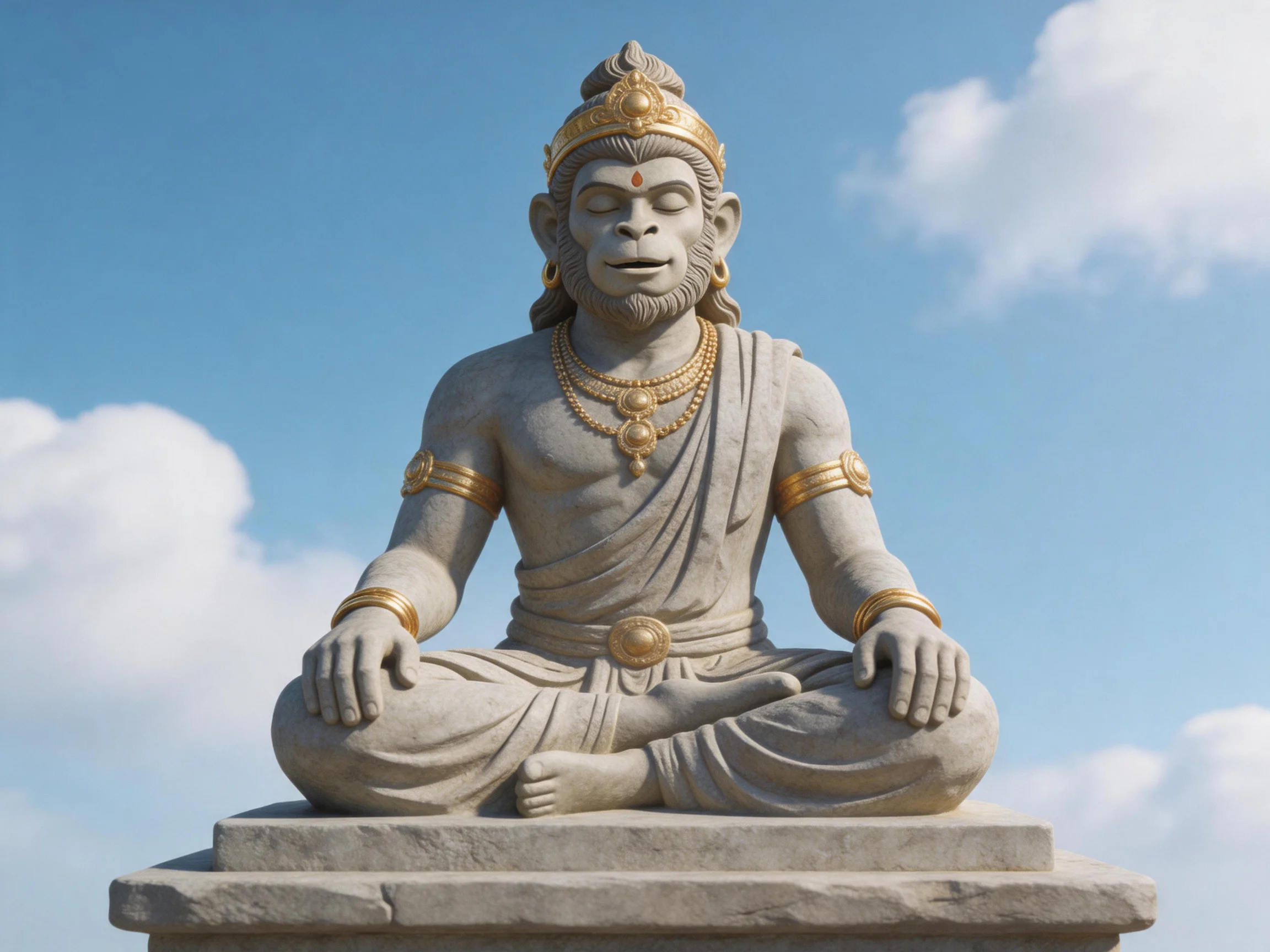 A serene stone statue of a meditating monkey deity adorned with golden ornaments