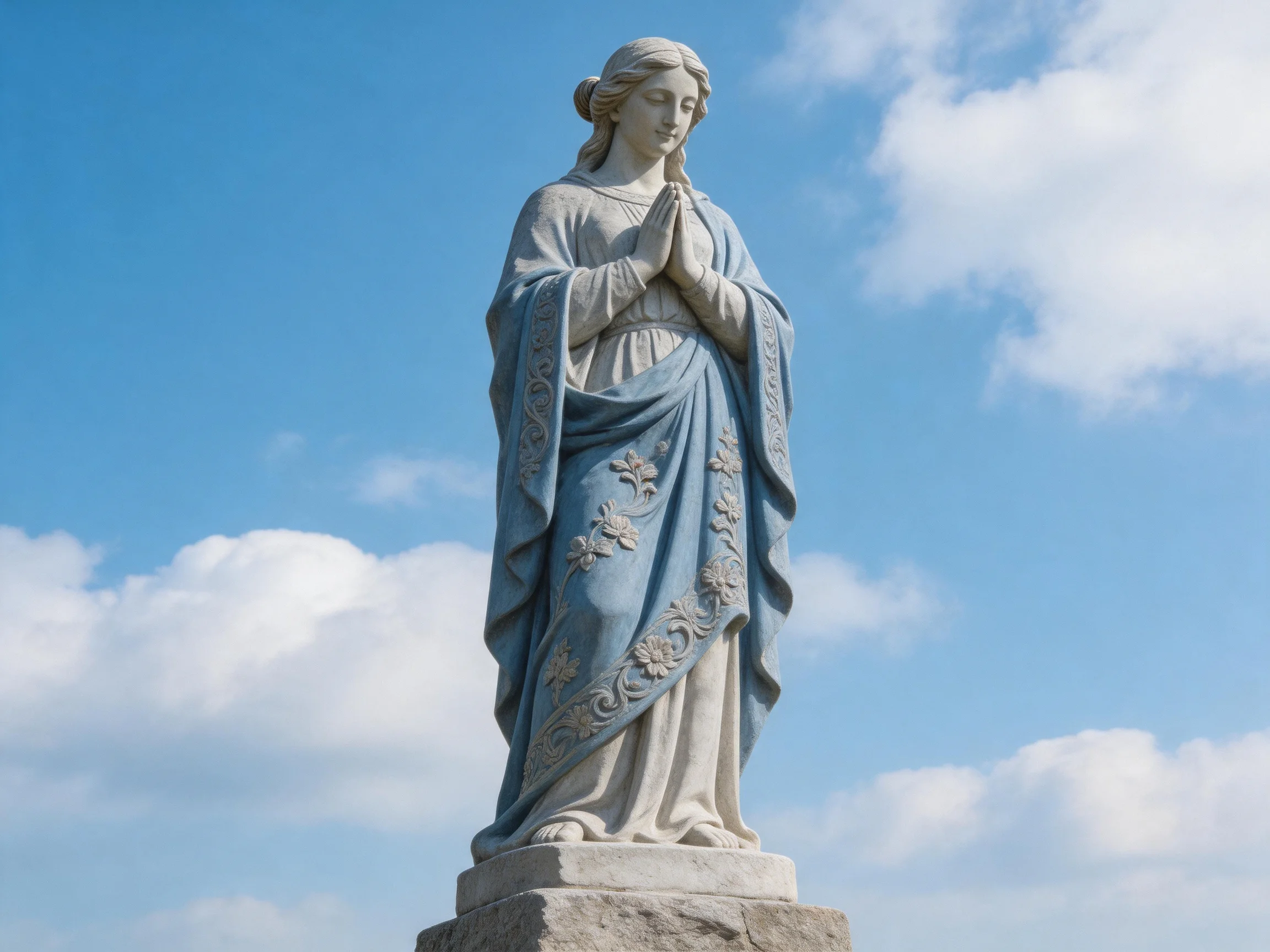 A serene stone statue of a woman praying with blue robes