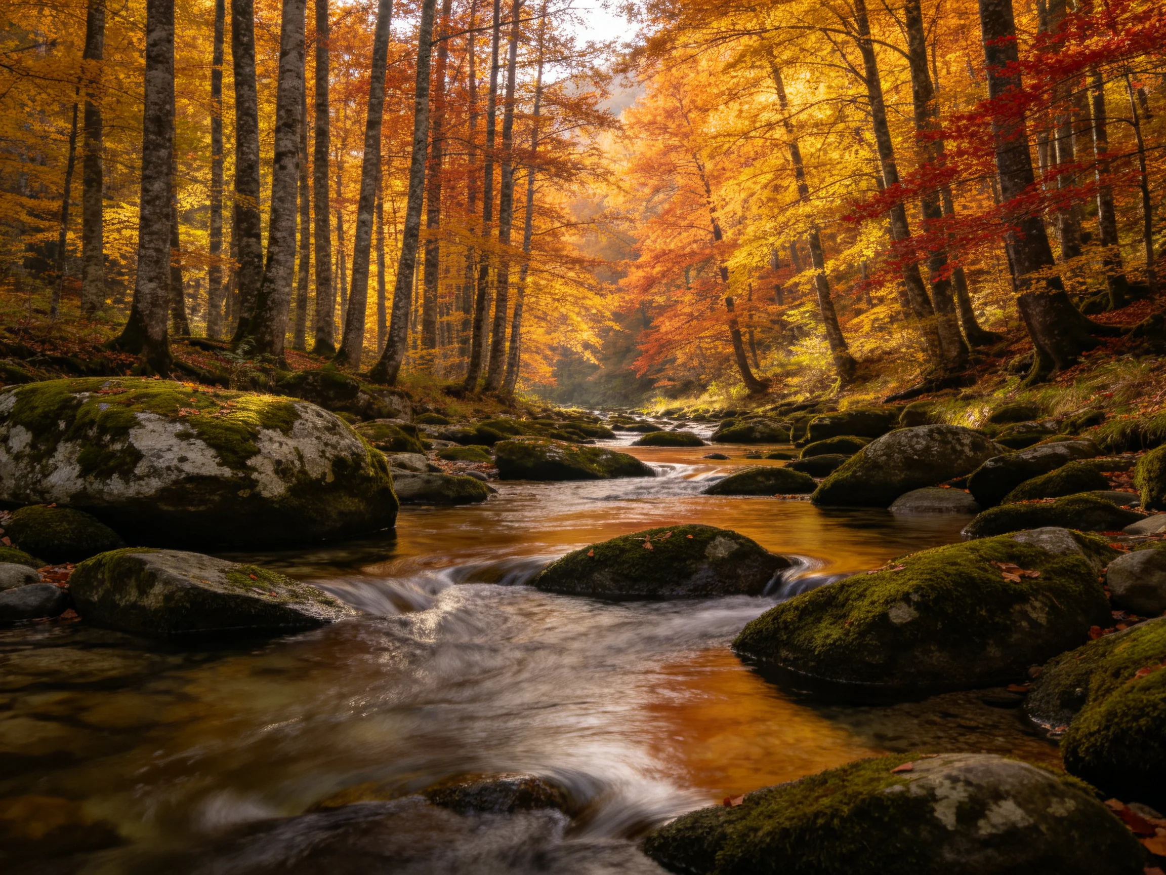 A serene stream winds through an autumn forest with golden foliage