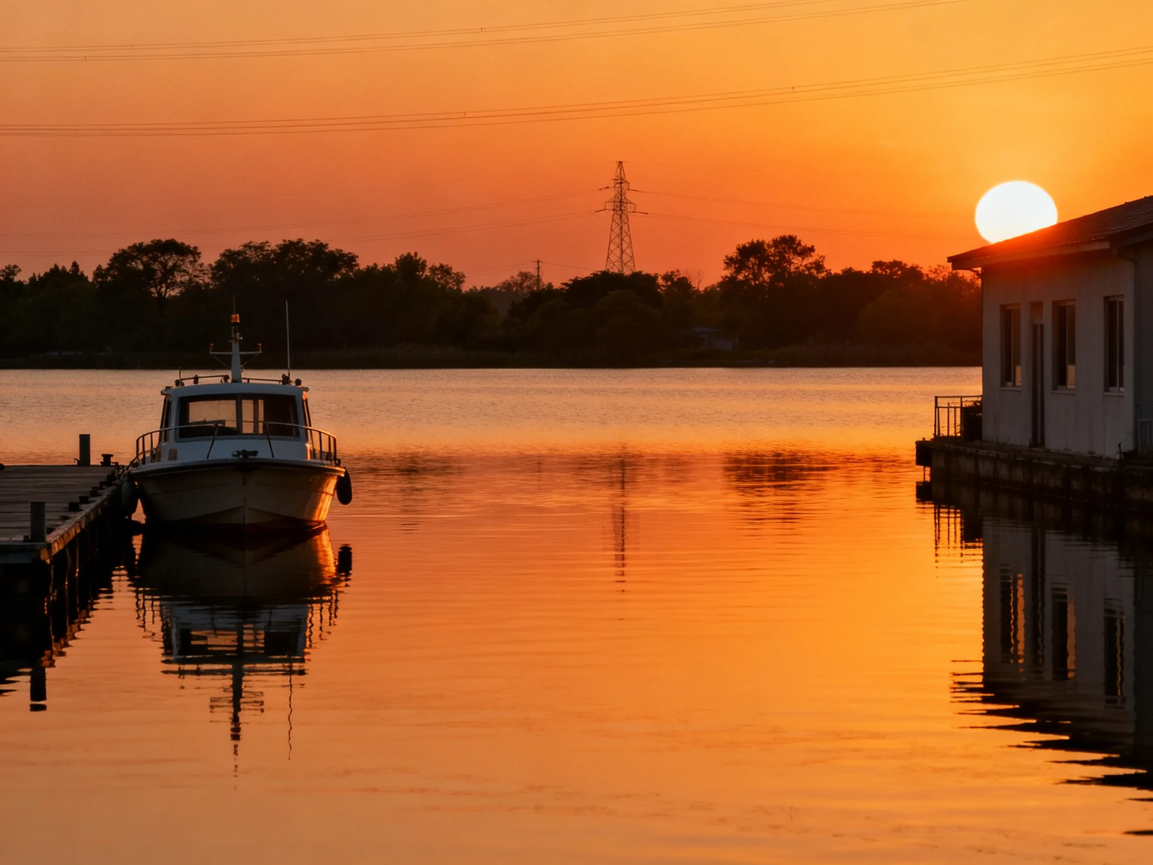 A serene sunset over calm waters with a docked boat and white building