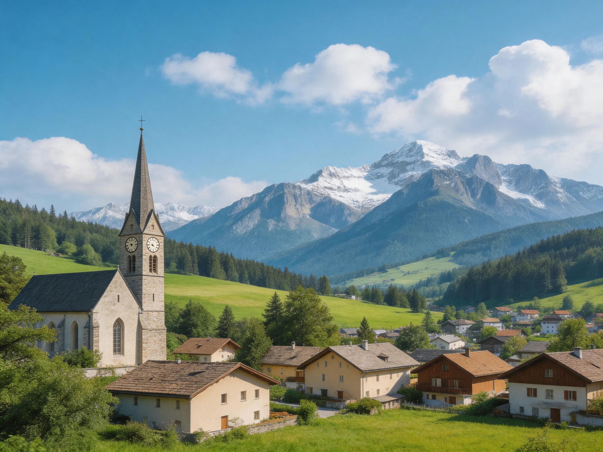 A serene village with a stone church near lush green hills and snow-capped mountains