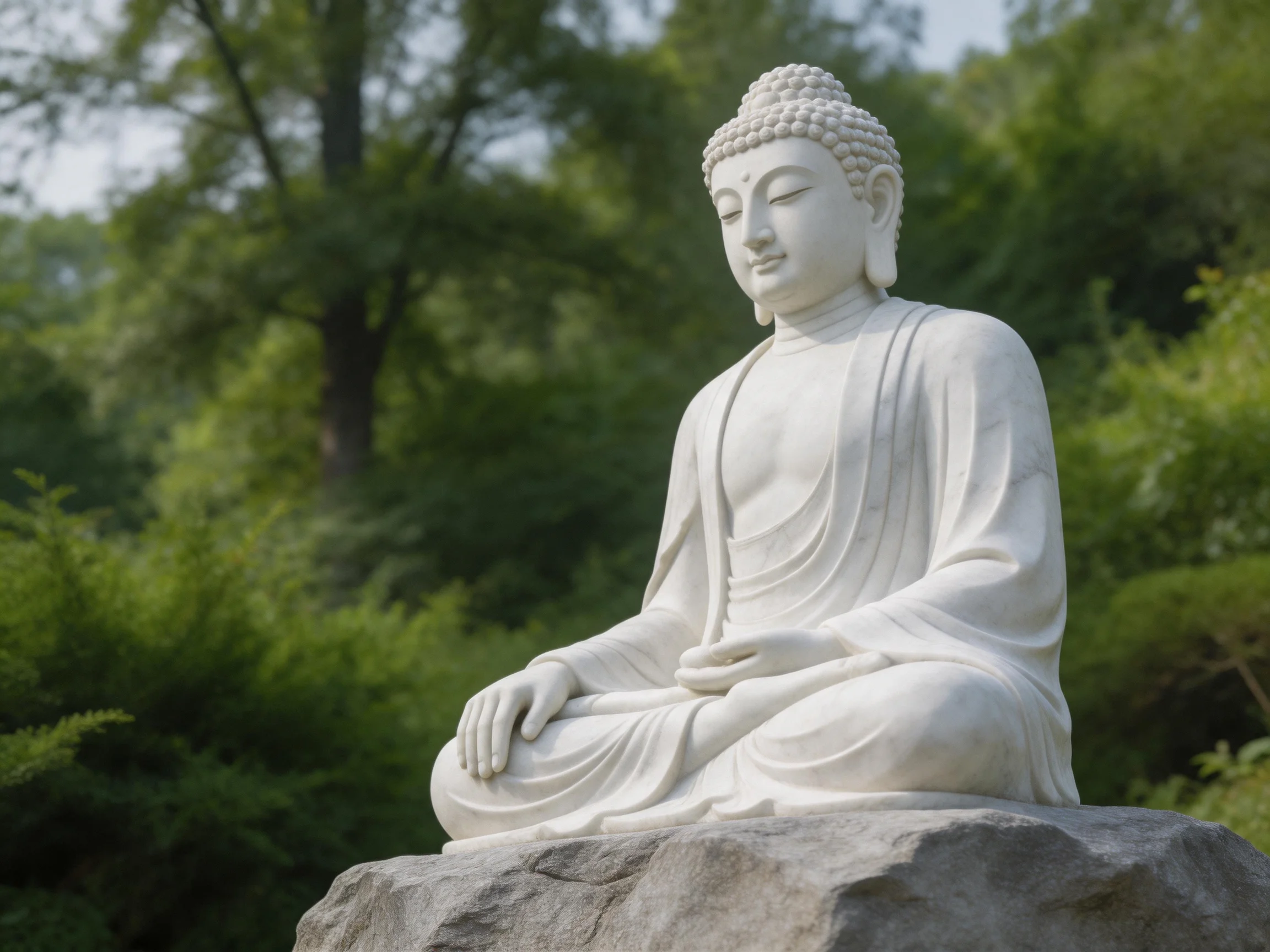 A serene white Buddha statue meditating amid lush green foliage