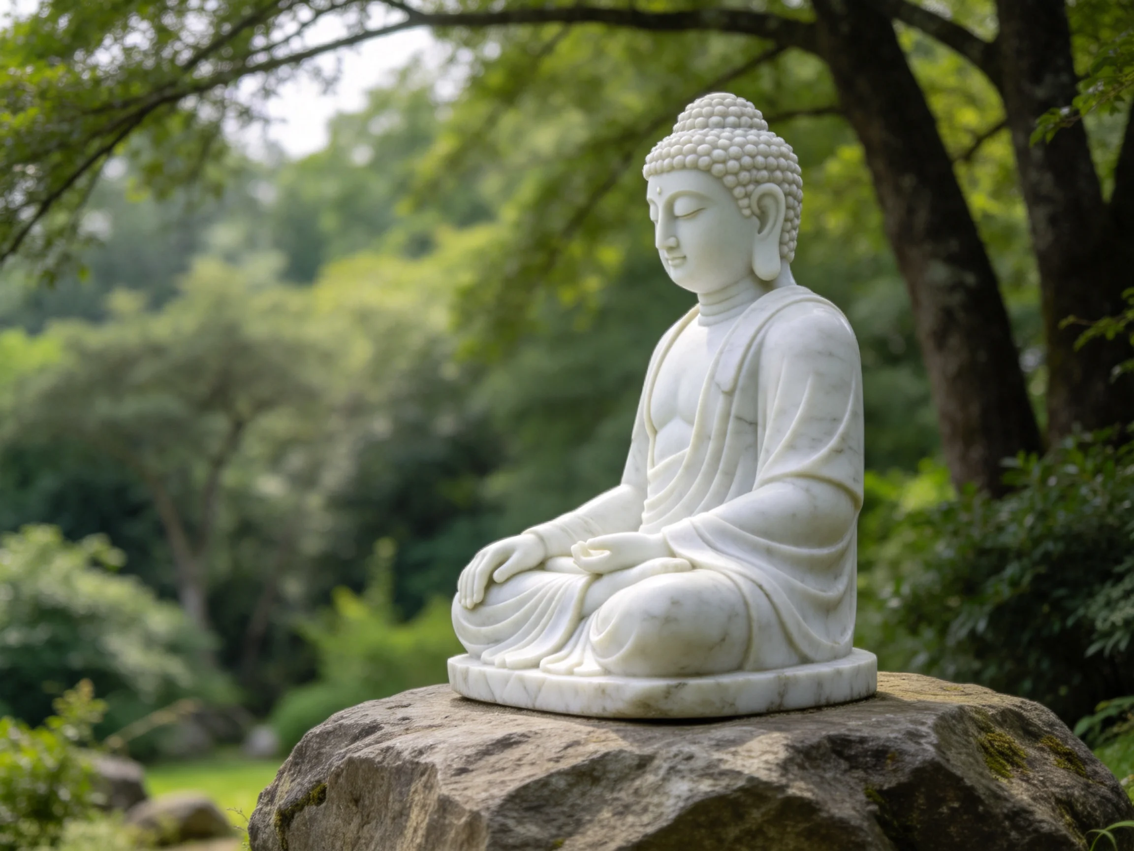 A serene white Buddha statue sits atop a large rock amid lush green foliage