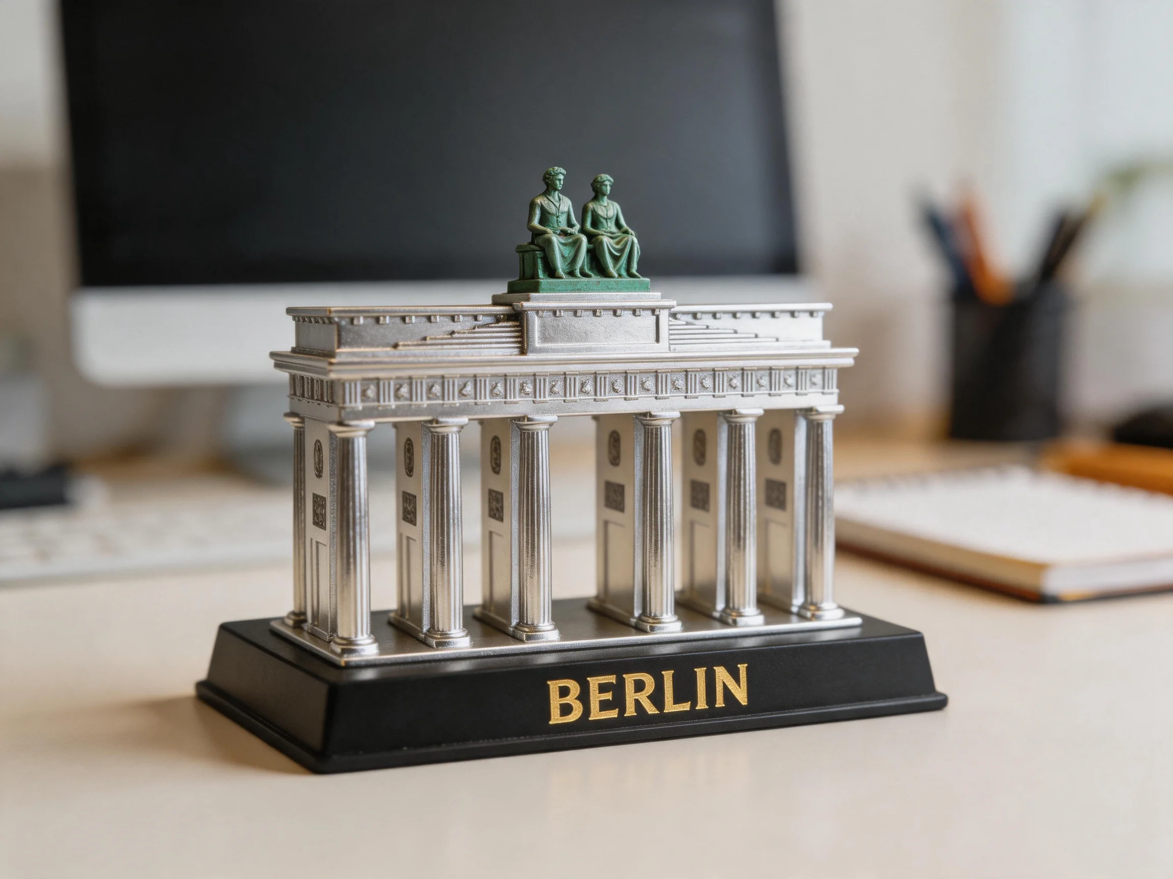 A silver Berlin monument replica with green statues on a black base