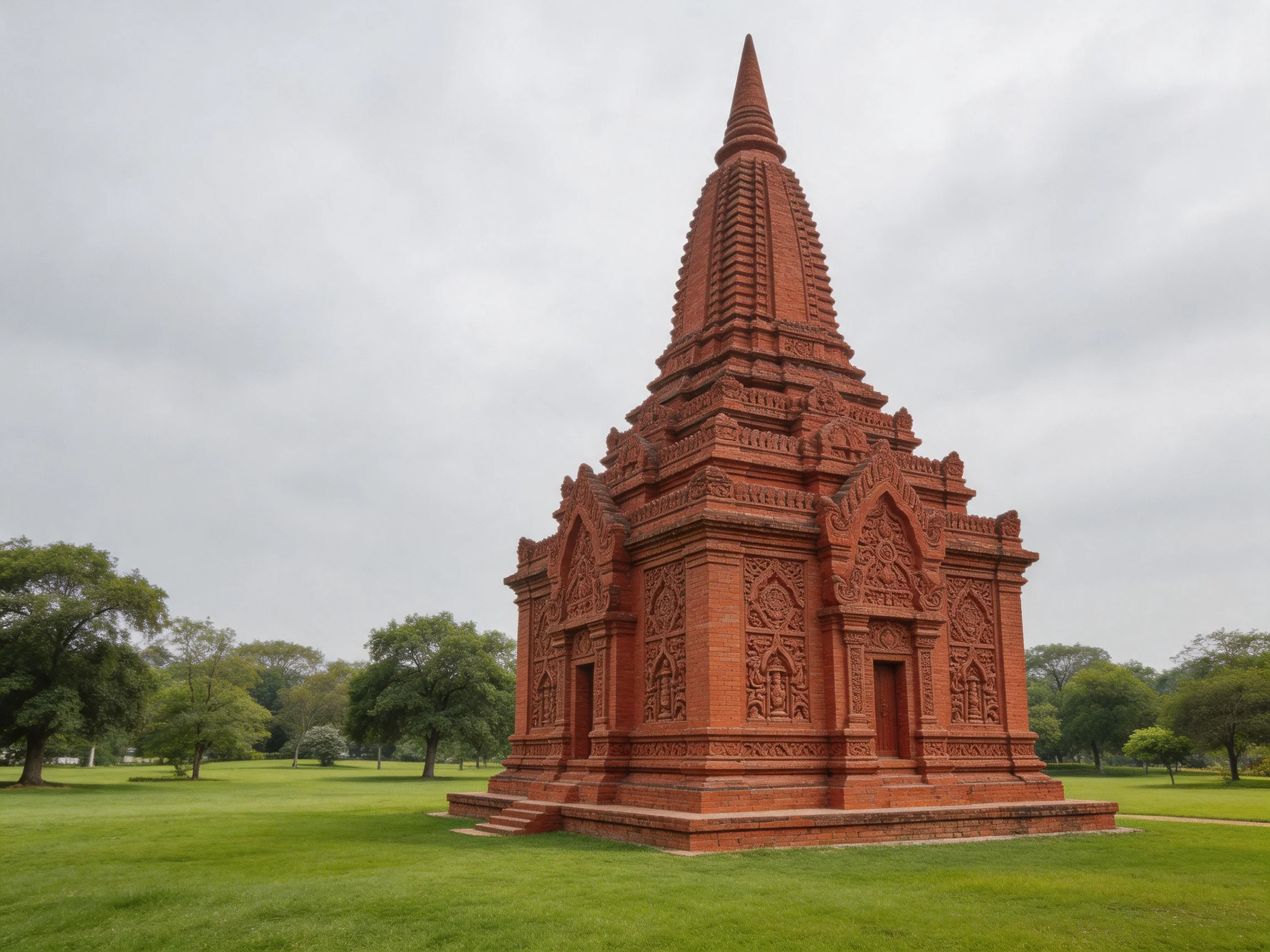A single ornate red-brick temple amidst green landscapes
