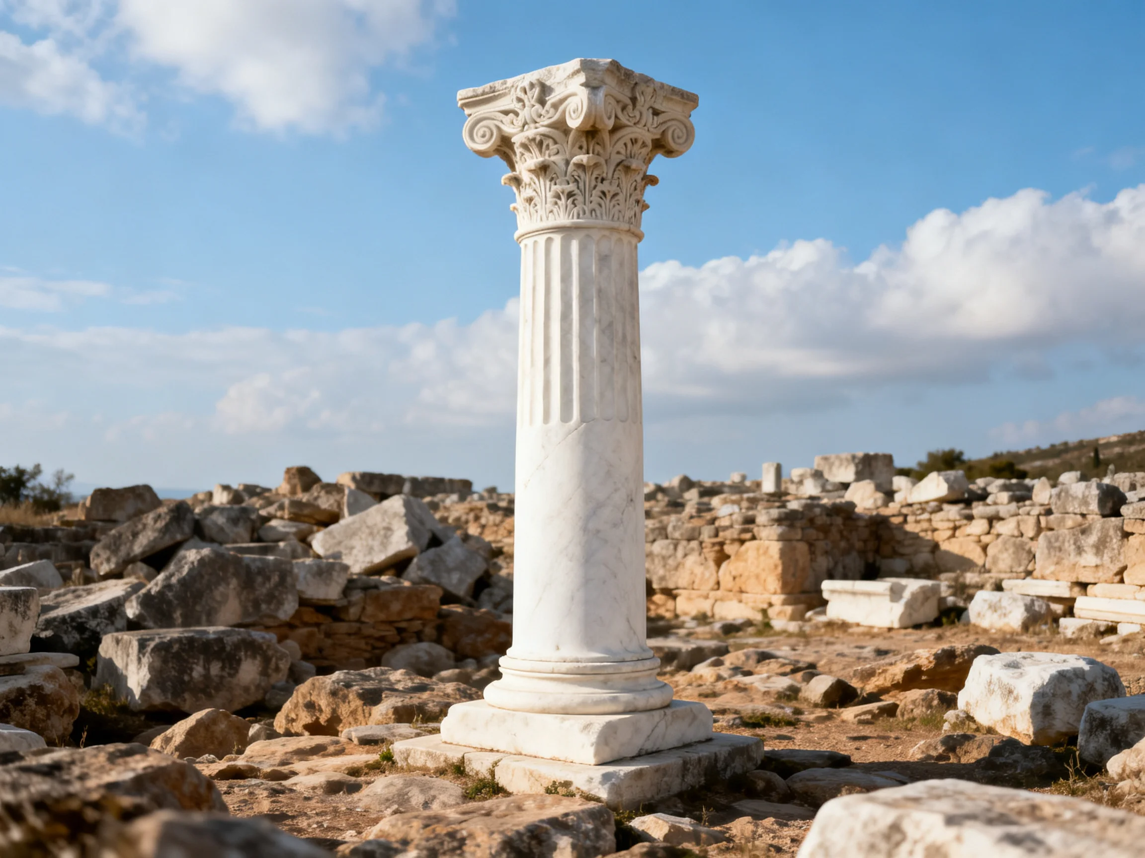 A single ornate white column amid ancient stone ruins under a bright sky