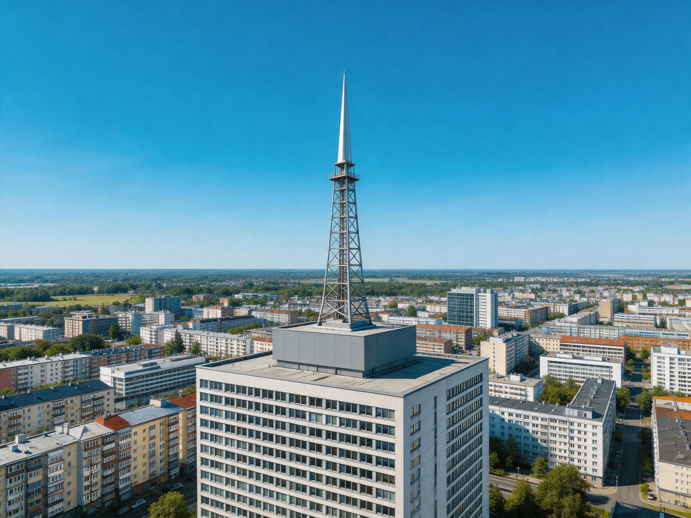 A sleek tower atop a white high-rise in a sprawling urban landscape
