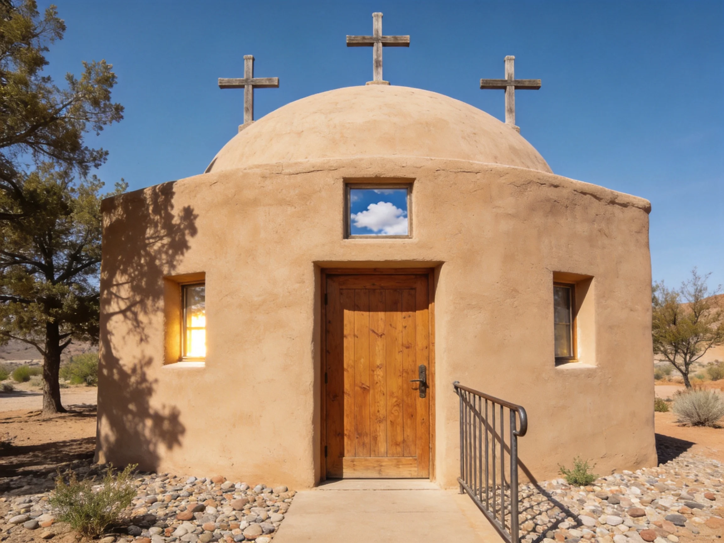 A small adobe chapel with three crosses, earthy tones, desert surroundings