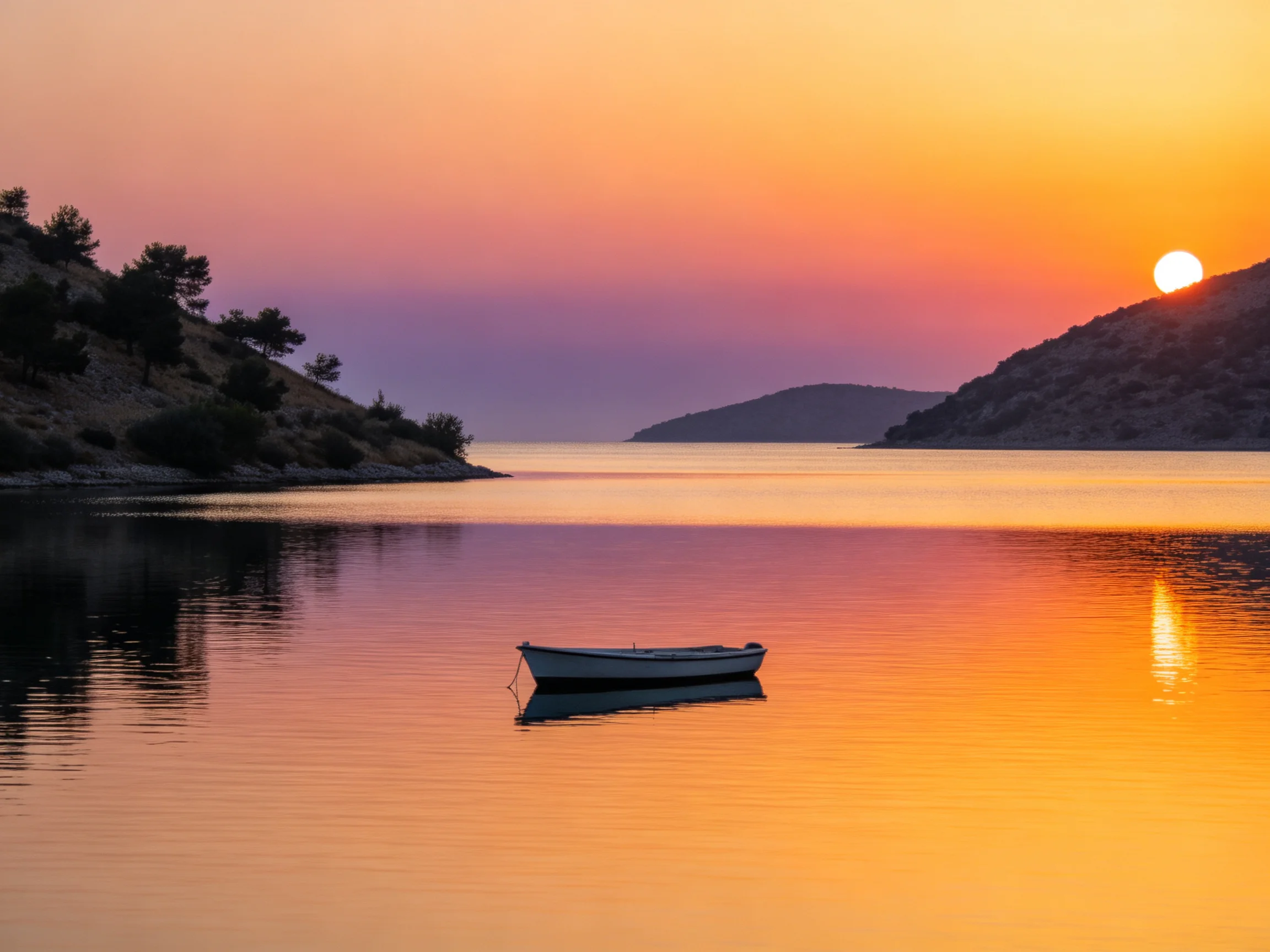 A small boat floats on calm waters amid rocky hills under a vivid sunset
