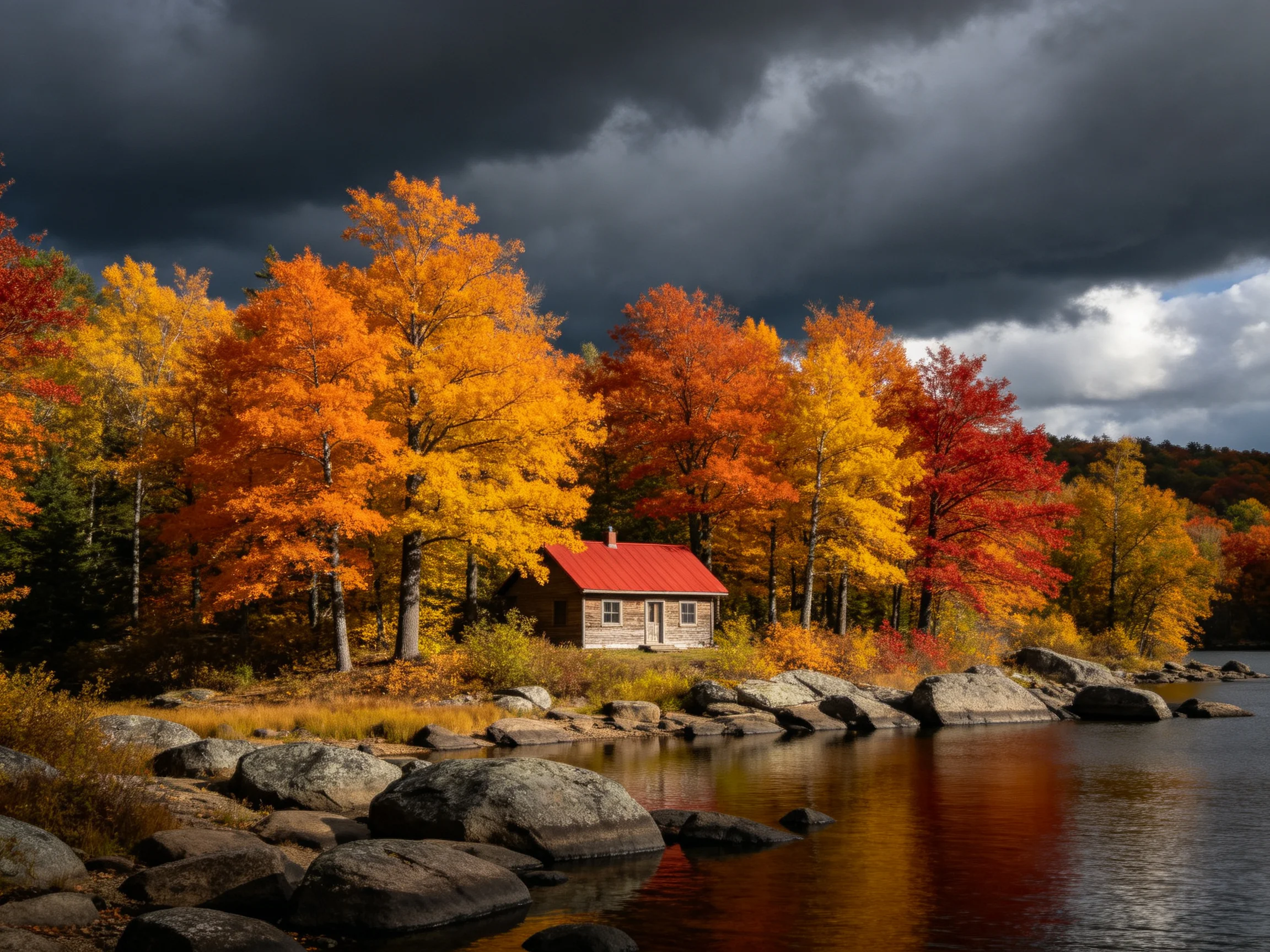 A small cabin surrounded by vibrant autumn trees near a rocky lakeshore under dark clouds