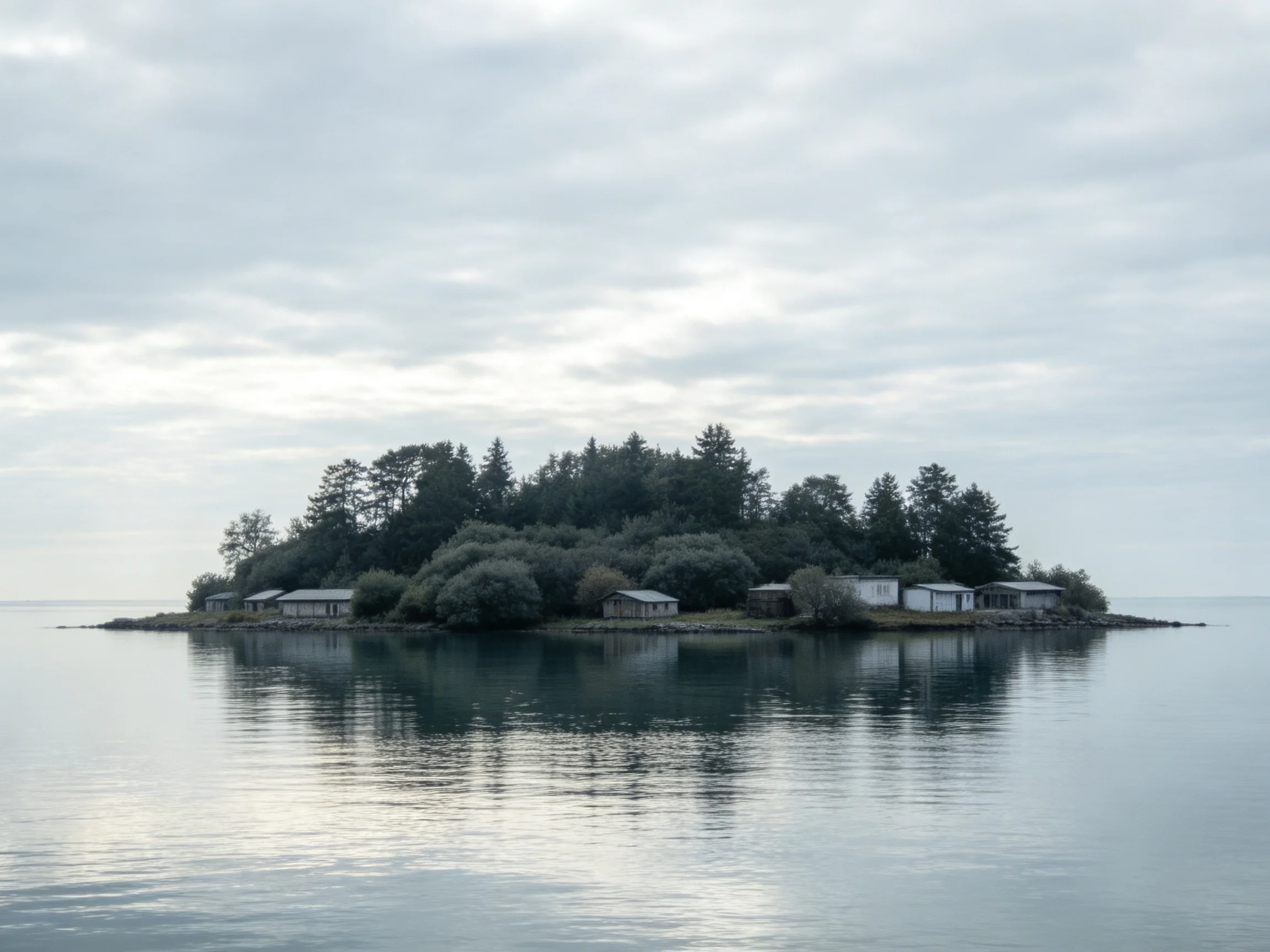 A small forested island with several cabins near calm waters