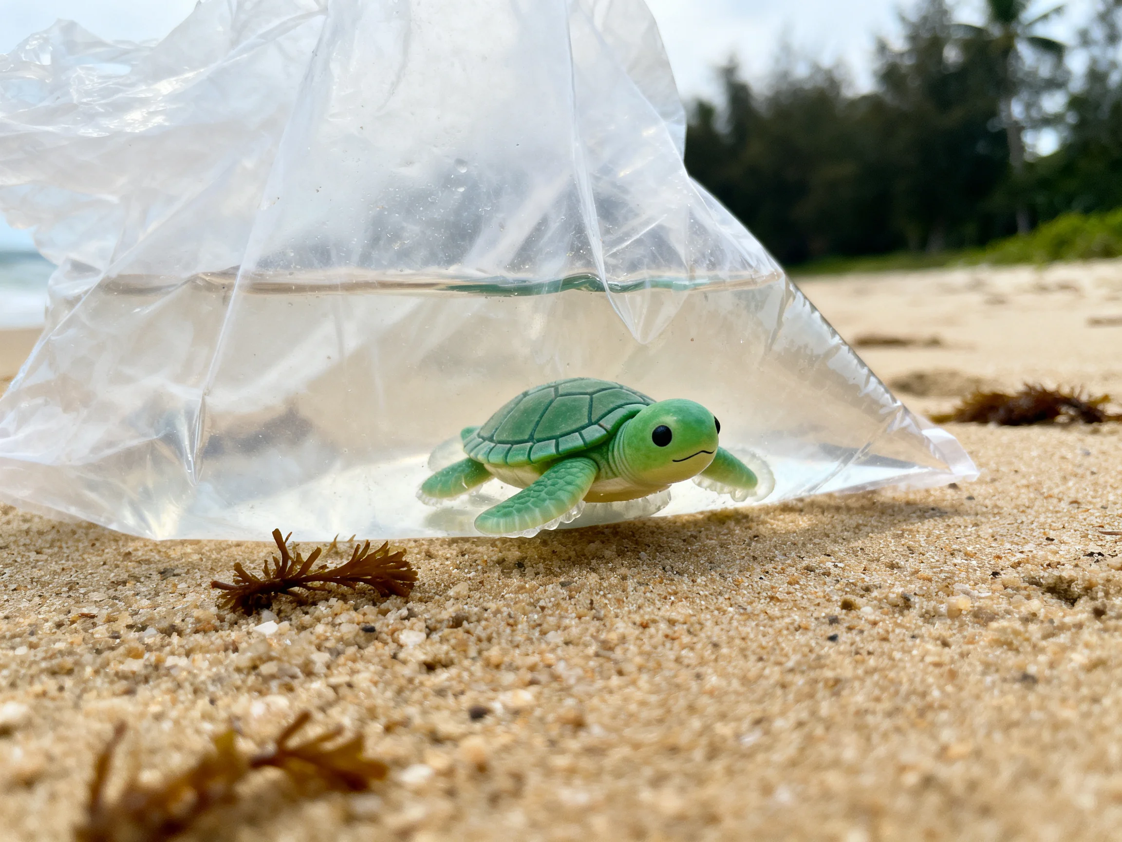 A small green turtle figurine in a transparent plastic bag on sandy beach
