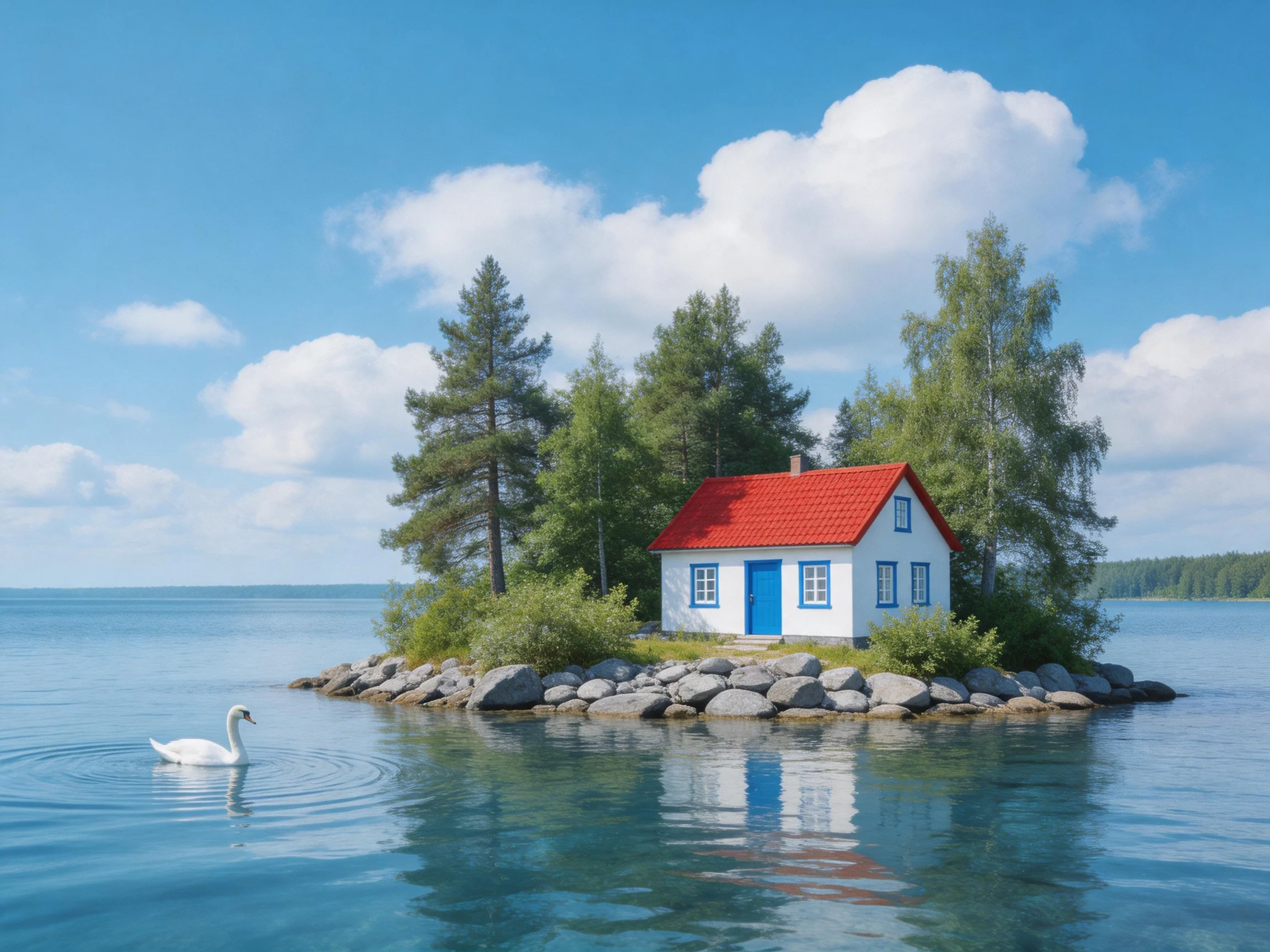 A small island with a white cottage, red roof, and blue door