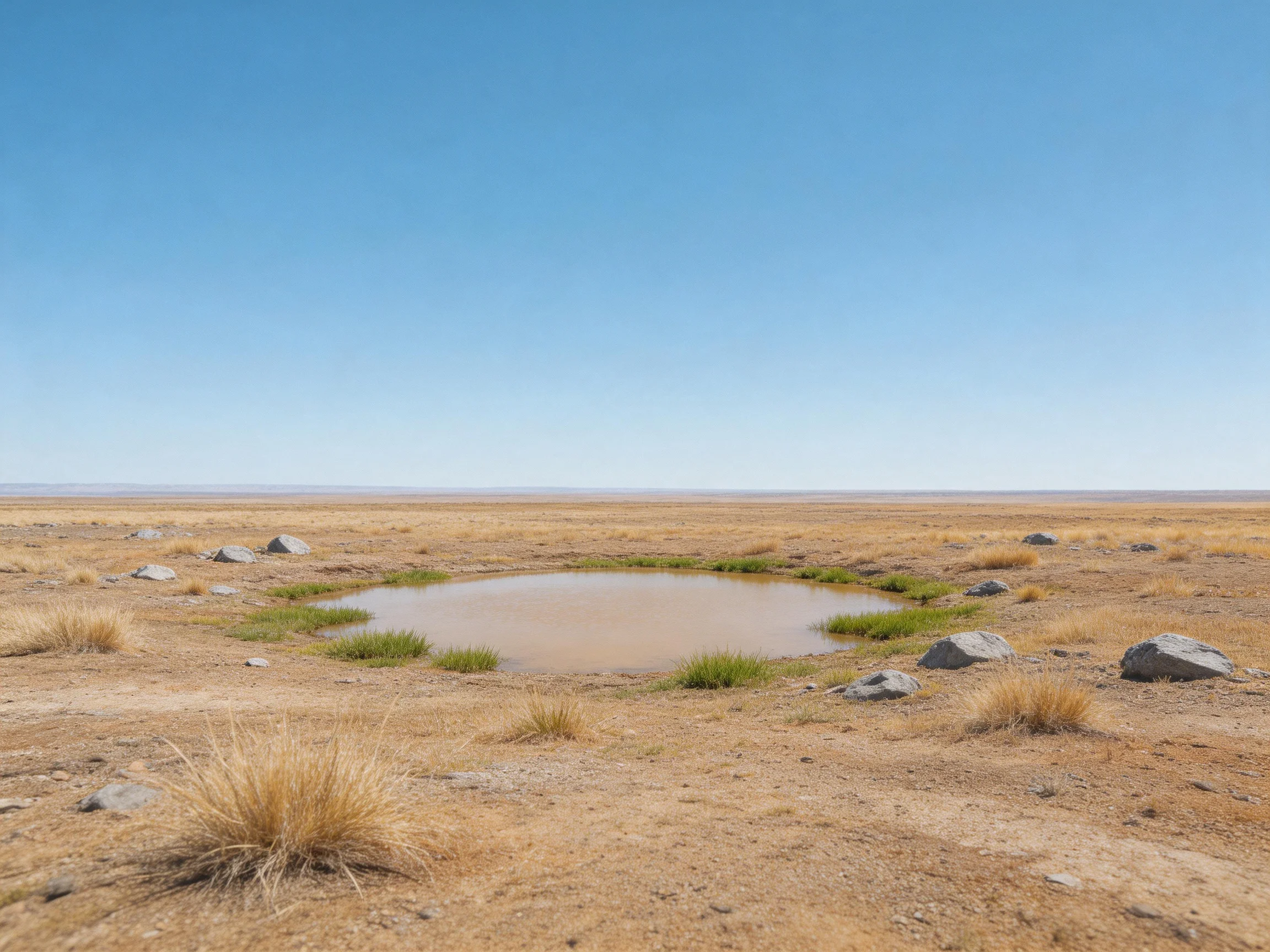 A small pond in an expansive arid landscape with scattered rocks