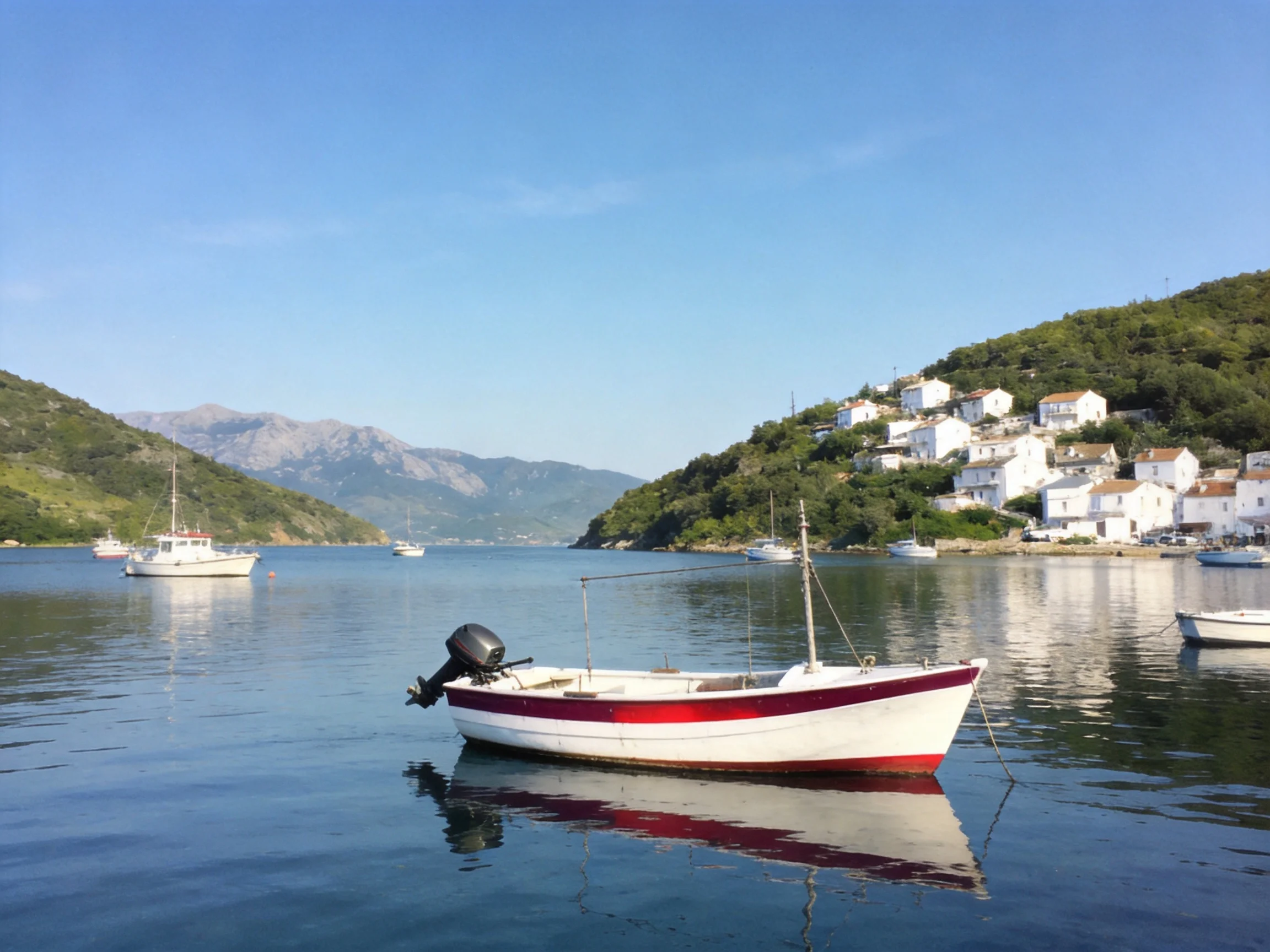 A small red - and - white boat floats near white coastal homes by green hills