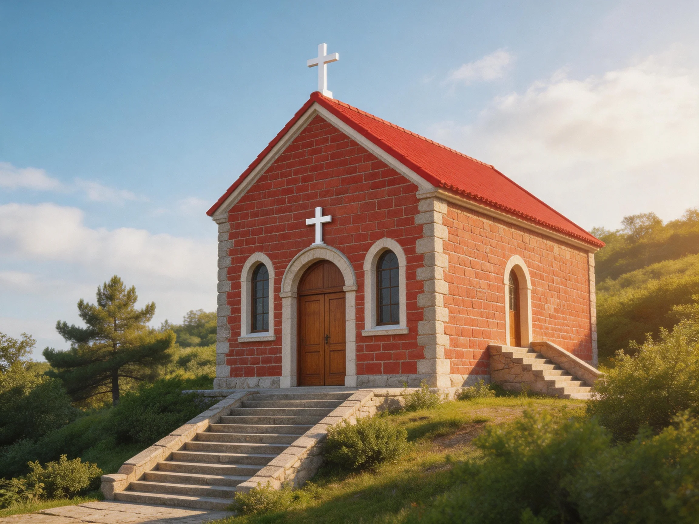 A small red-brick chapel with white crosses and stone trim