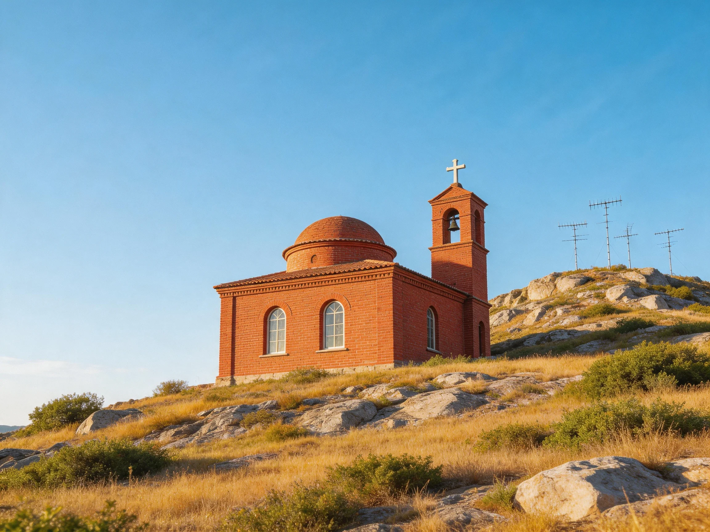 A small red-brick church with a bell tower on rocky terrain