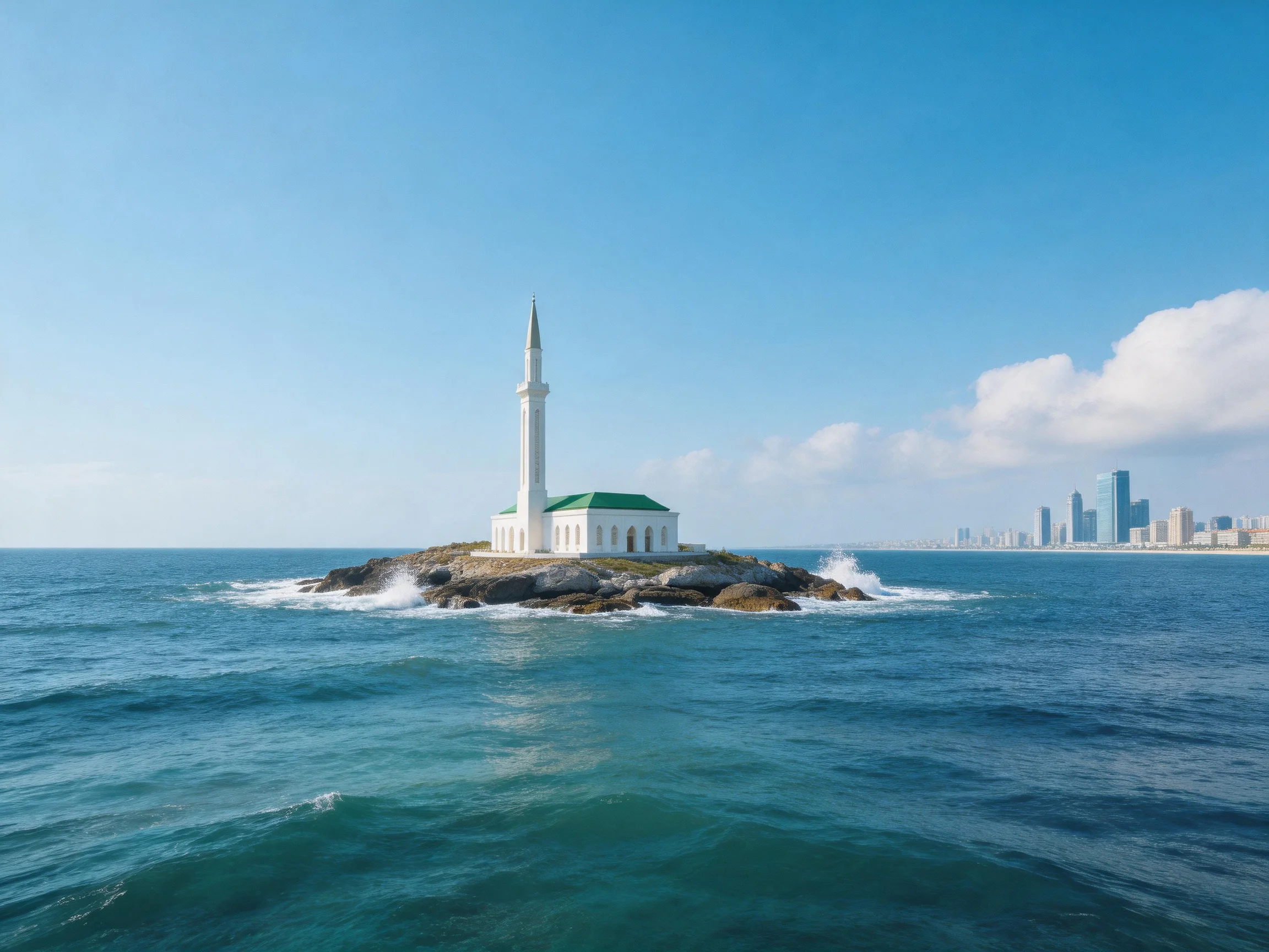 A small rocky island has a white mosque with green roof near a coastal city