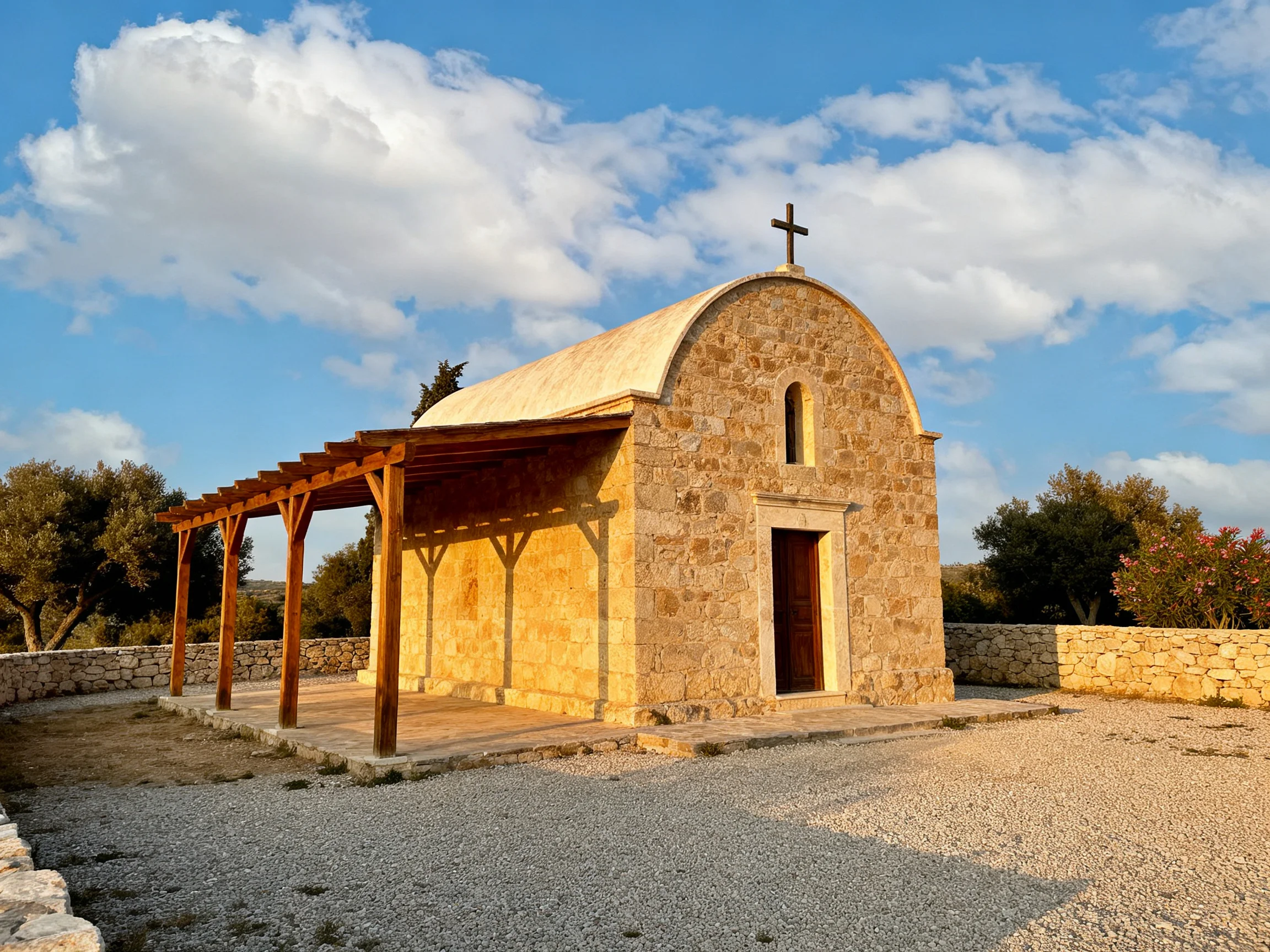 A small stone chapel with a wooden porch under bright blue skies
