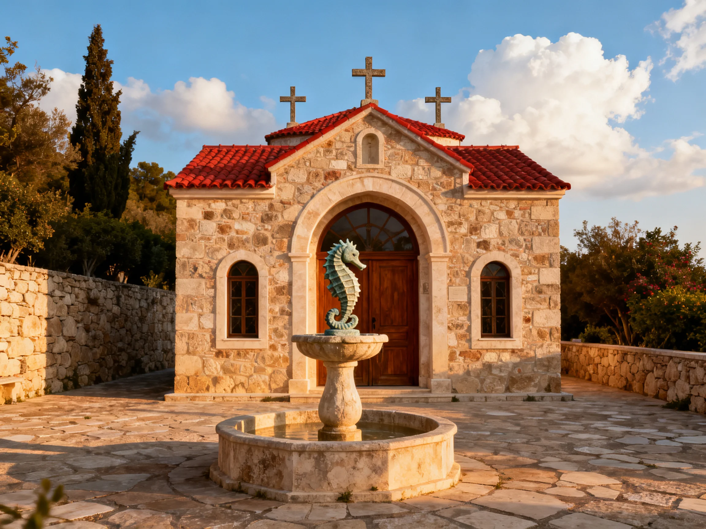 A small stone chapel with red tile roof and seahorse fountain