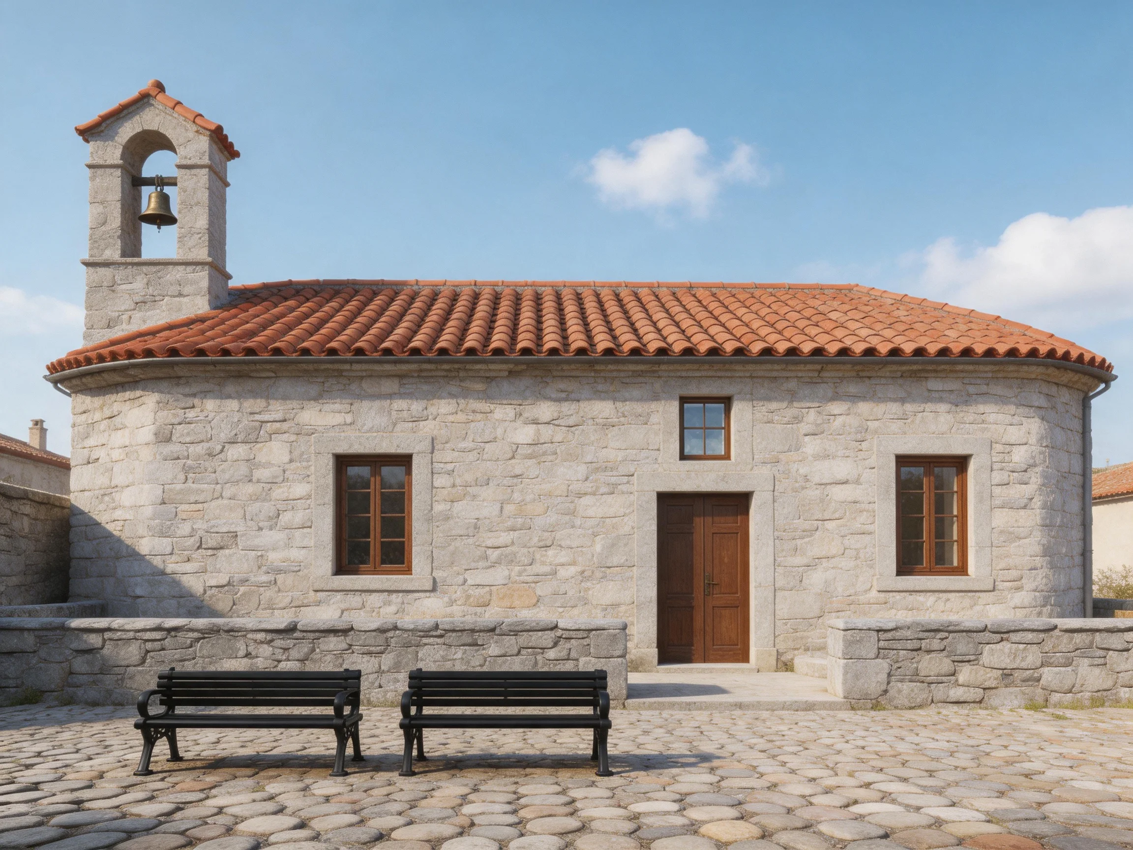 A small stone chapel with red-tiled roof and bell tower