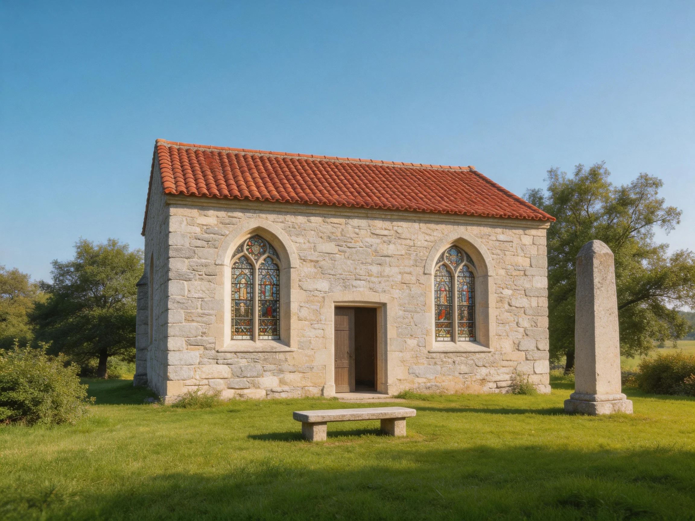A small stone chapel with red-tiled roof and stained glass windows