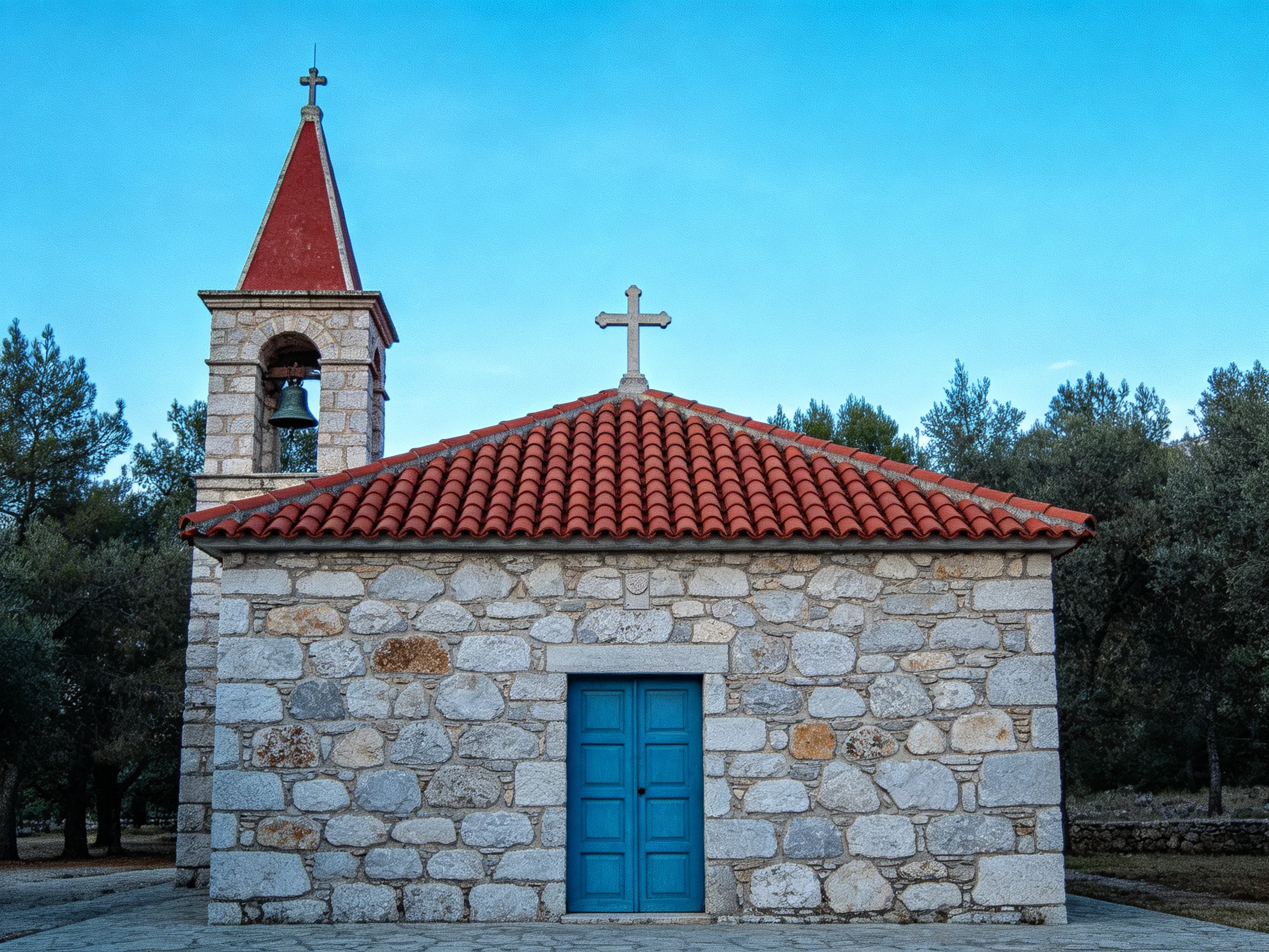 A small stone chapel with red tiles, blue doors, and a bell tower