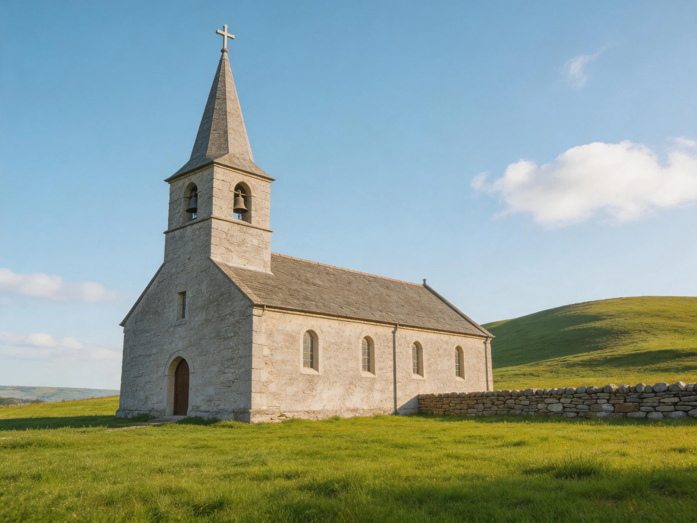 A small stone church in a lush green meadow under a clear blue sky