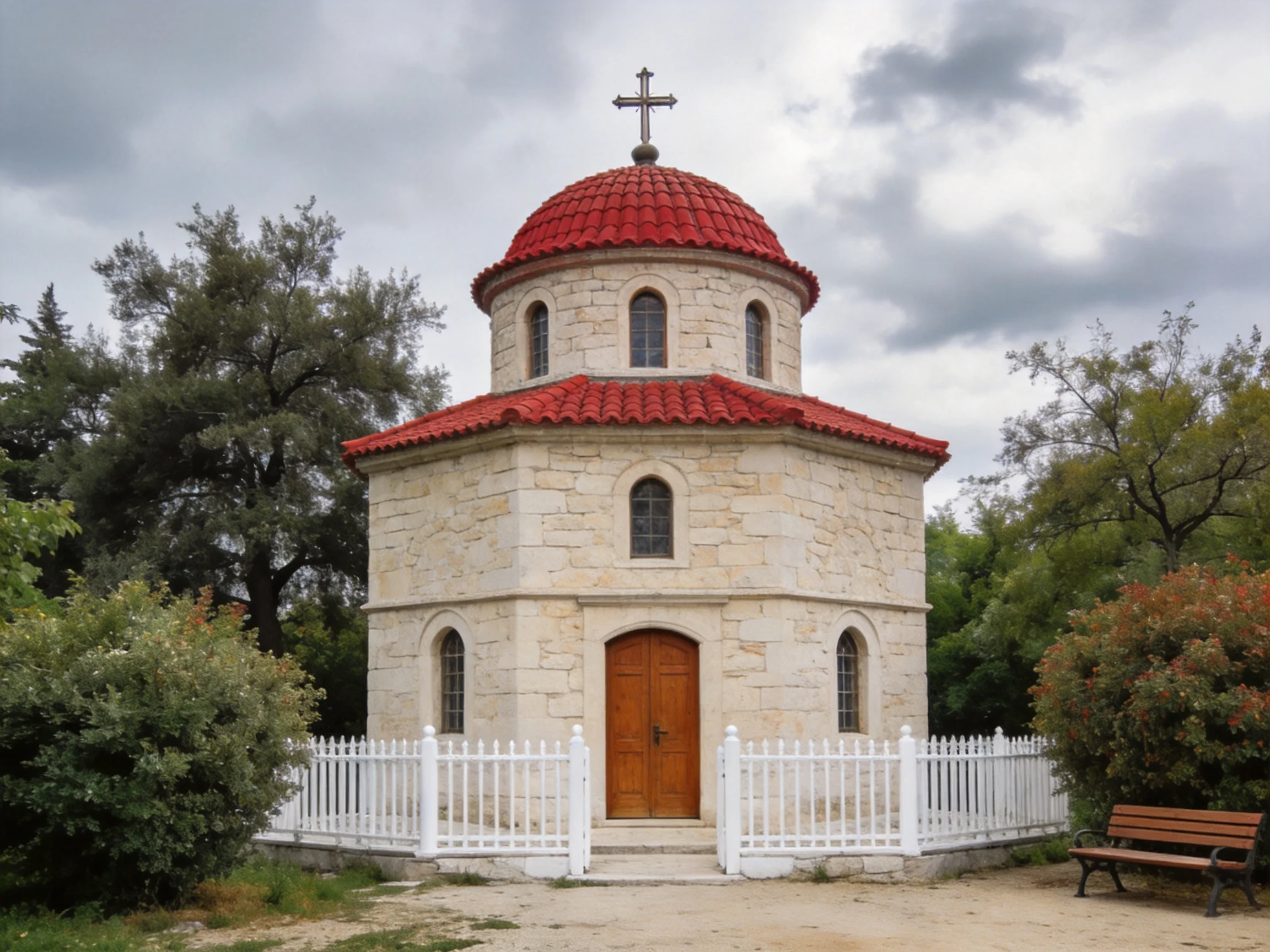 A small stone church with red domes and white fence