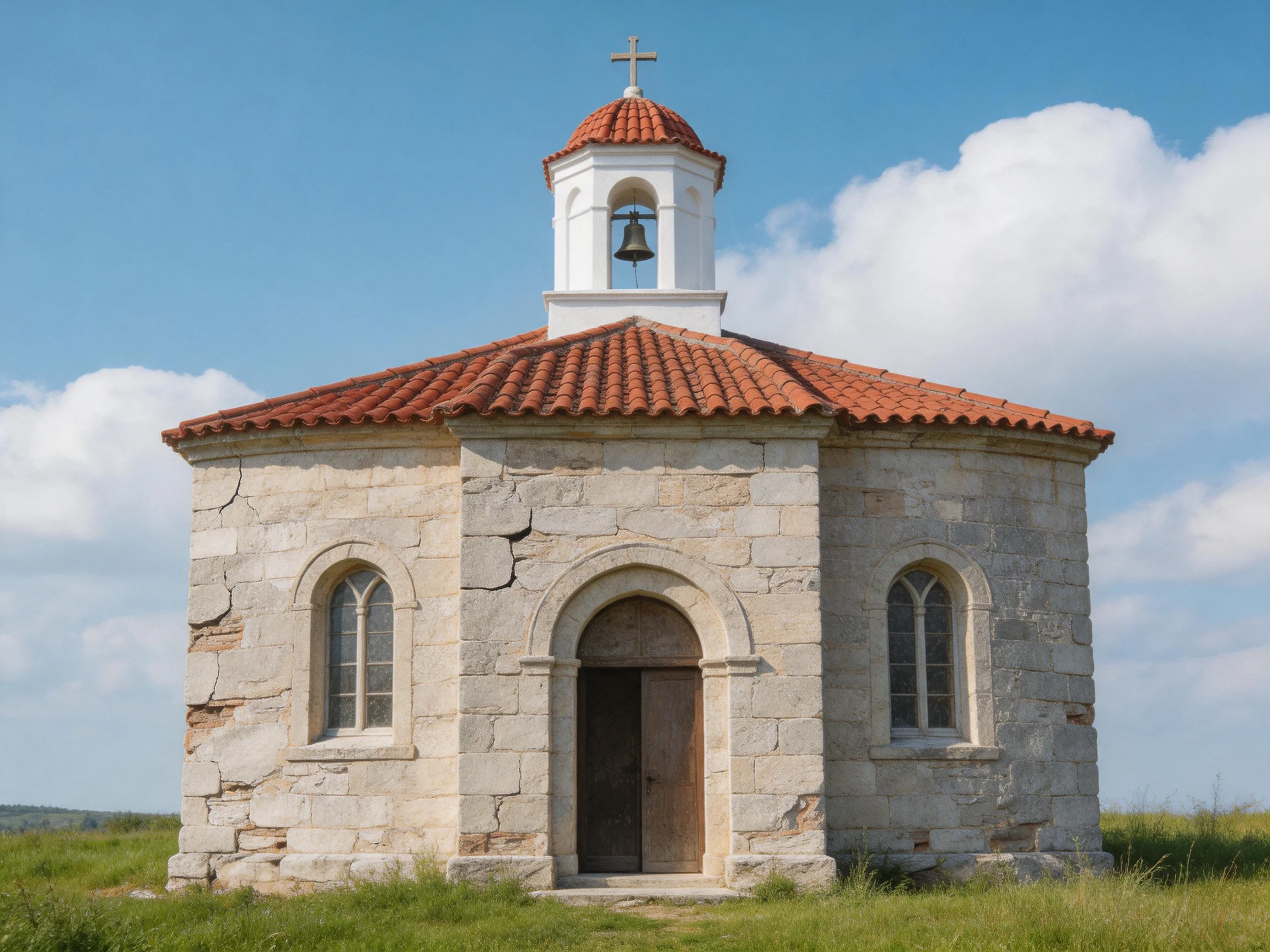 A small stone church with red-tiled roof and white bell tower