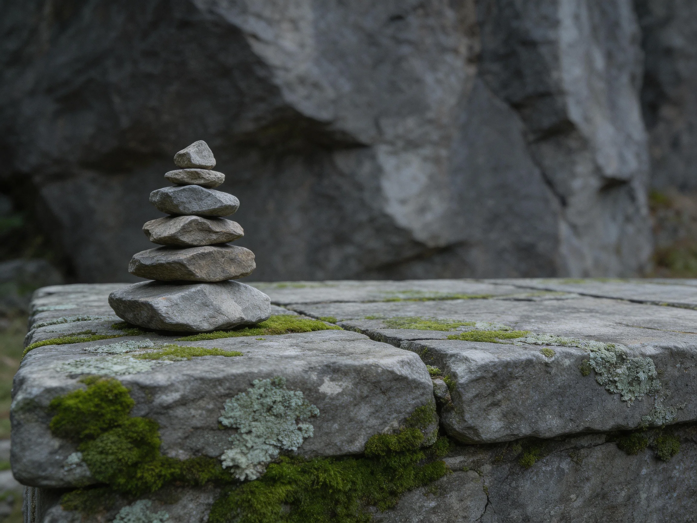A small stone tower rests on a mossy stone ledge near giant rocks
