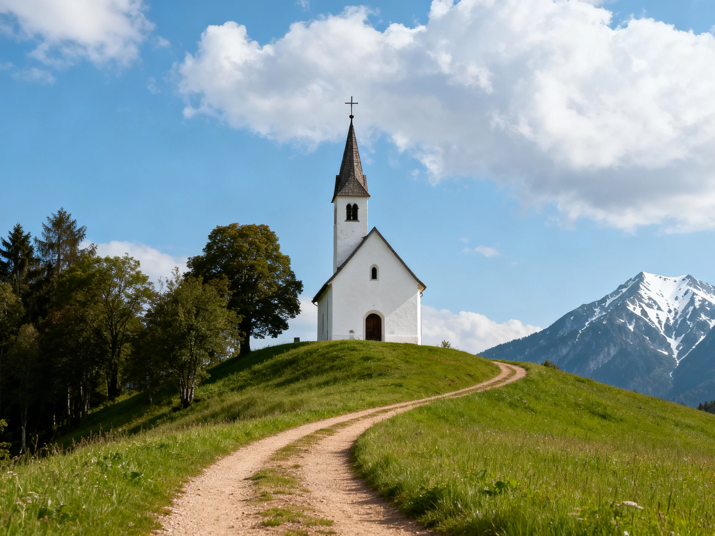A small white chapel atop a green hill with a dirt path
