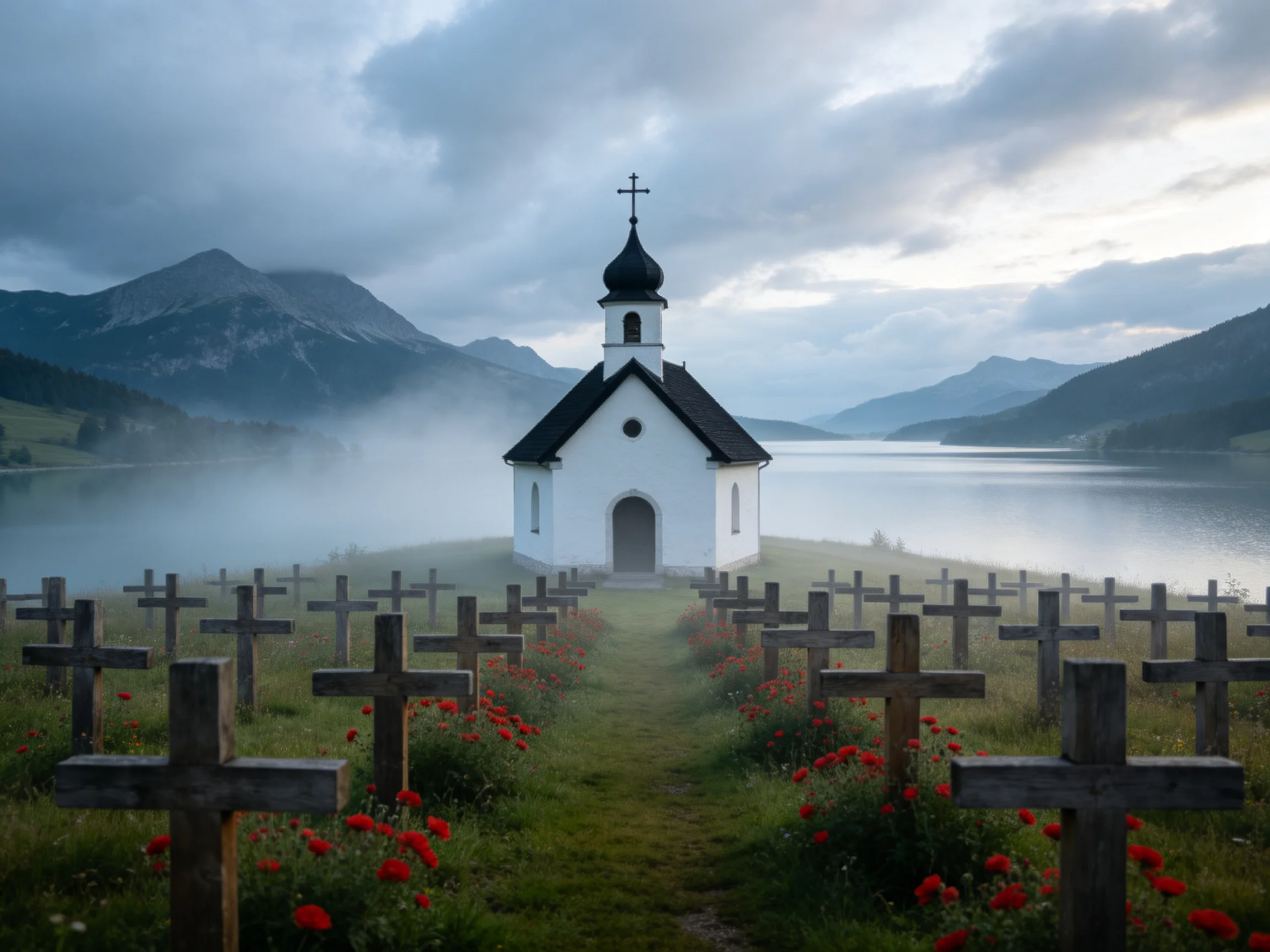 A small white chapel near a misty lake with wooden crosses and red flowers