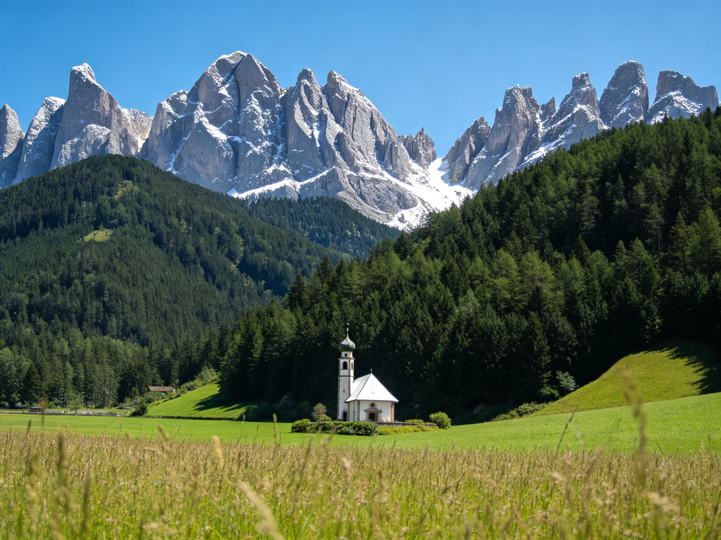 A small white chapel near lush green meadows and snow-capped mountains