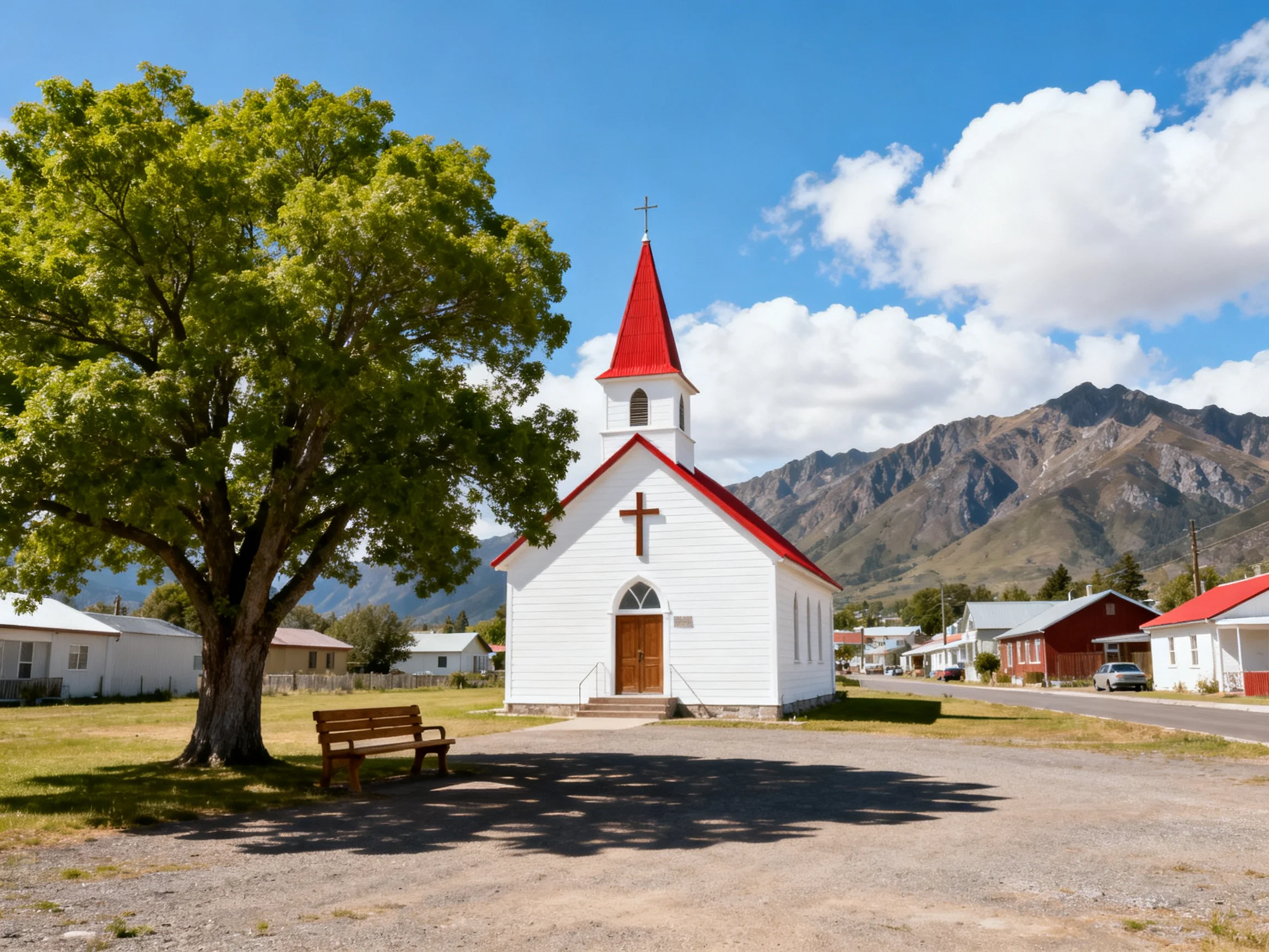 A small white church with red roof near a large green tree and mountains