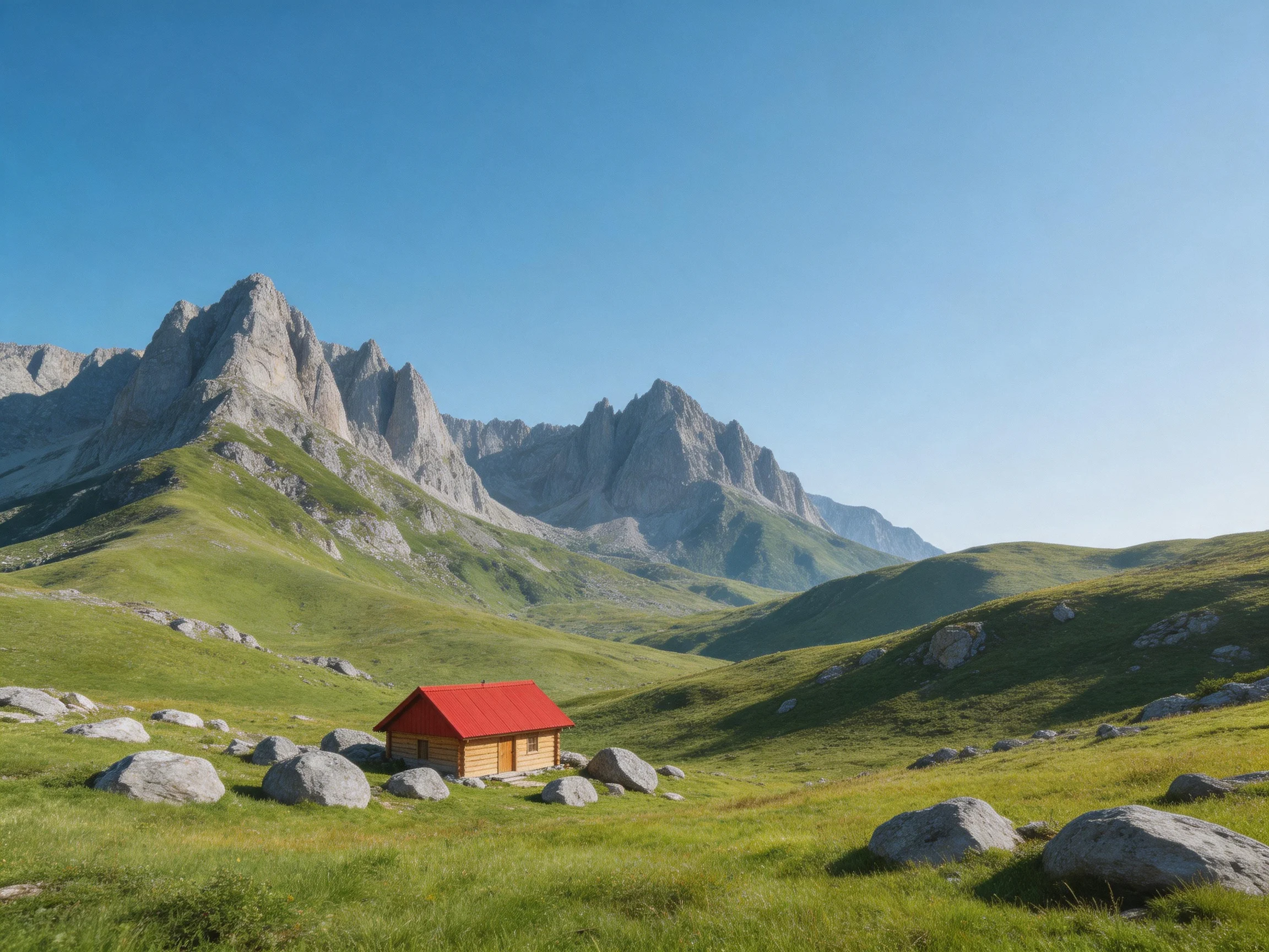 A small wooden cabin with red roof in a green valley near rocky mountains