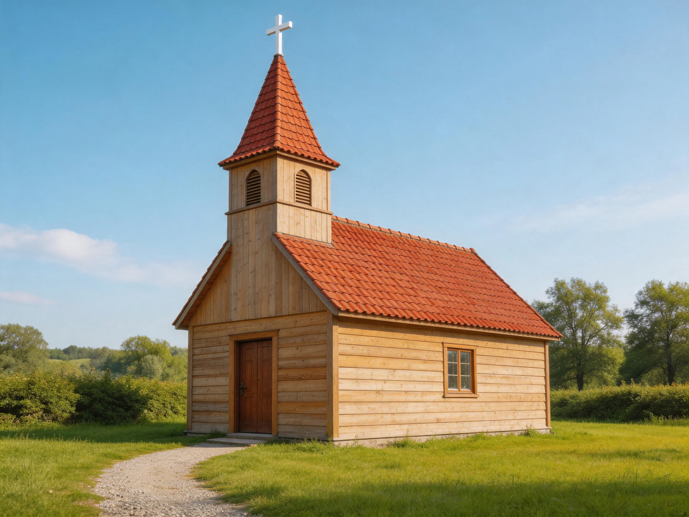 A small wooden chapel with red tile roof and white cross