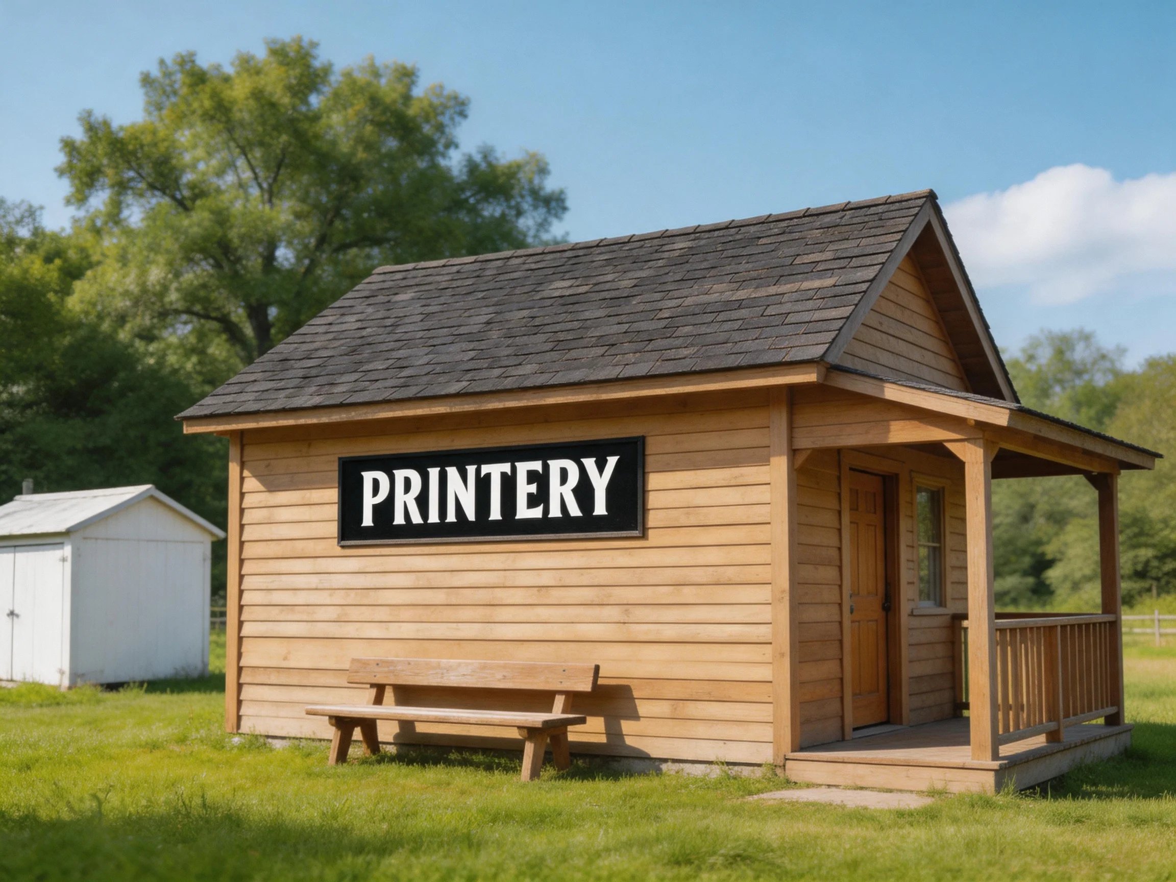 A small wooden printery with a black sign sits on lush green grass