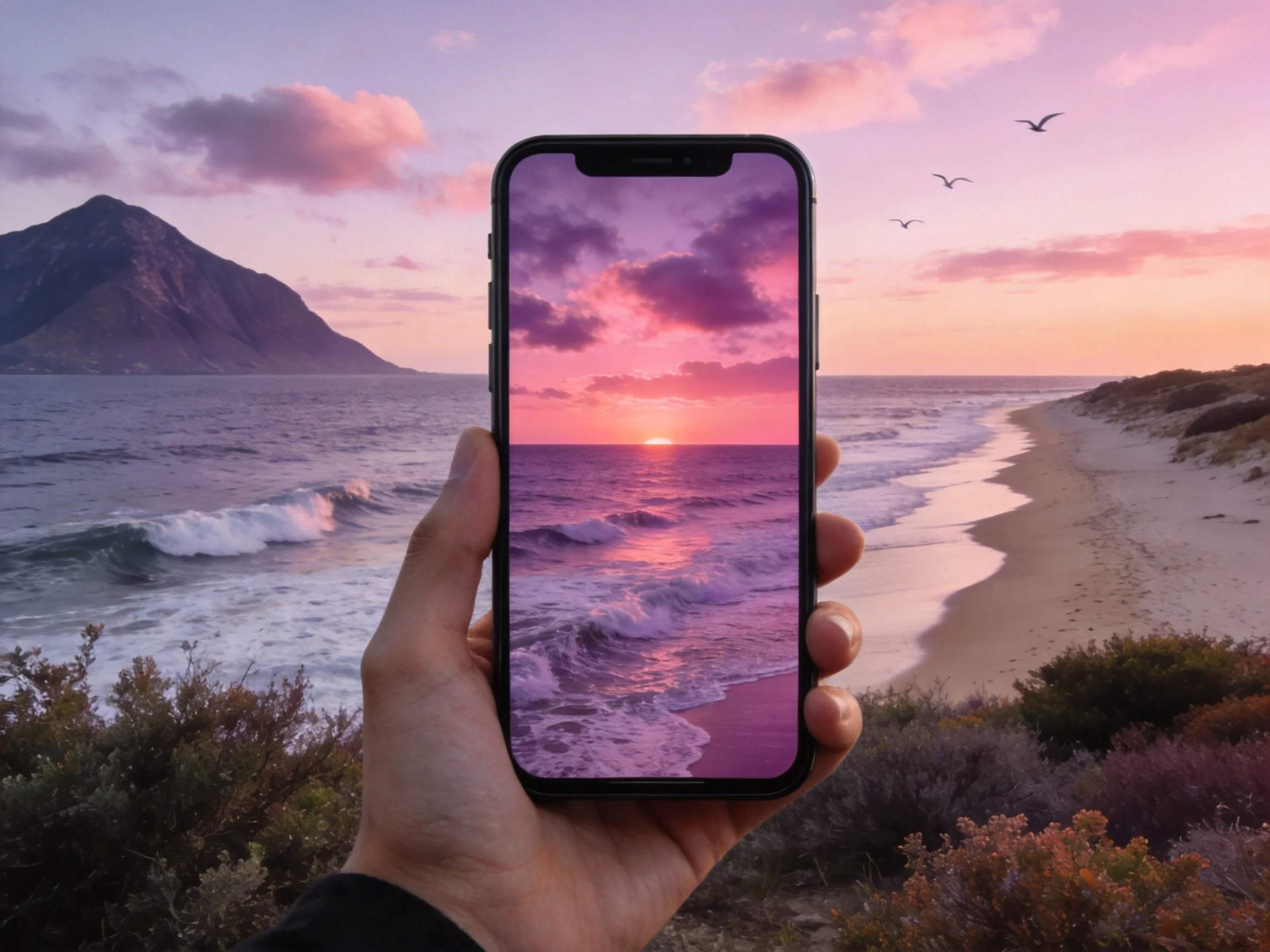 A smartphone displays a vibrant coastal sunset with pink and purple skies