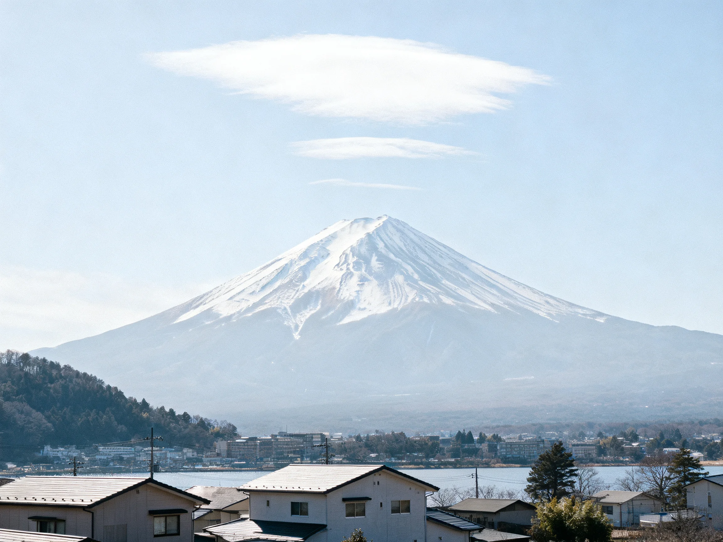 A snow - capped Mount Fuji towers over residential homes beside a serene lake