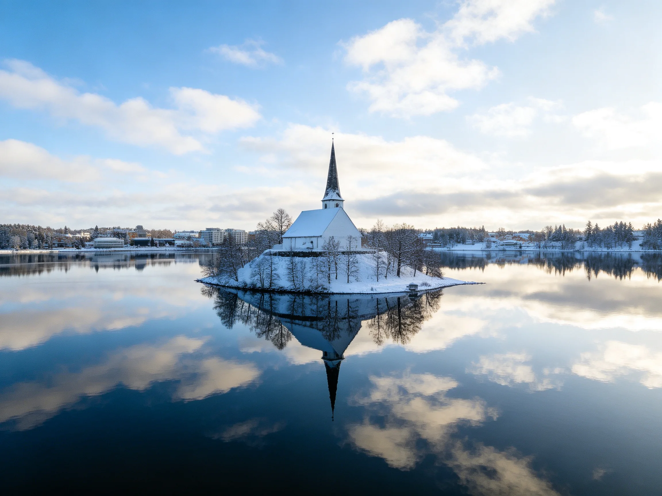 A snow-covered church island reflects in tranquil winter waters