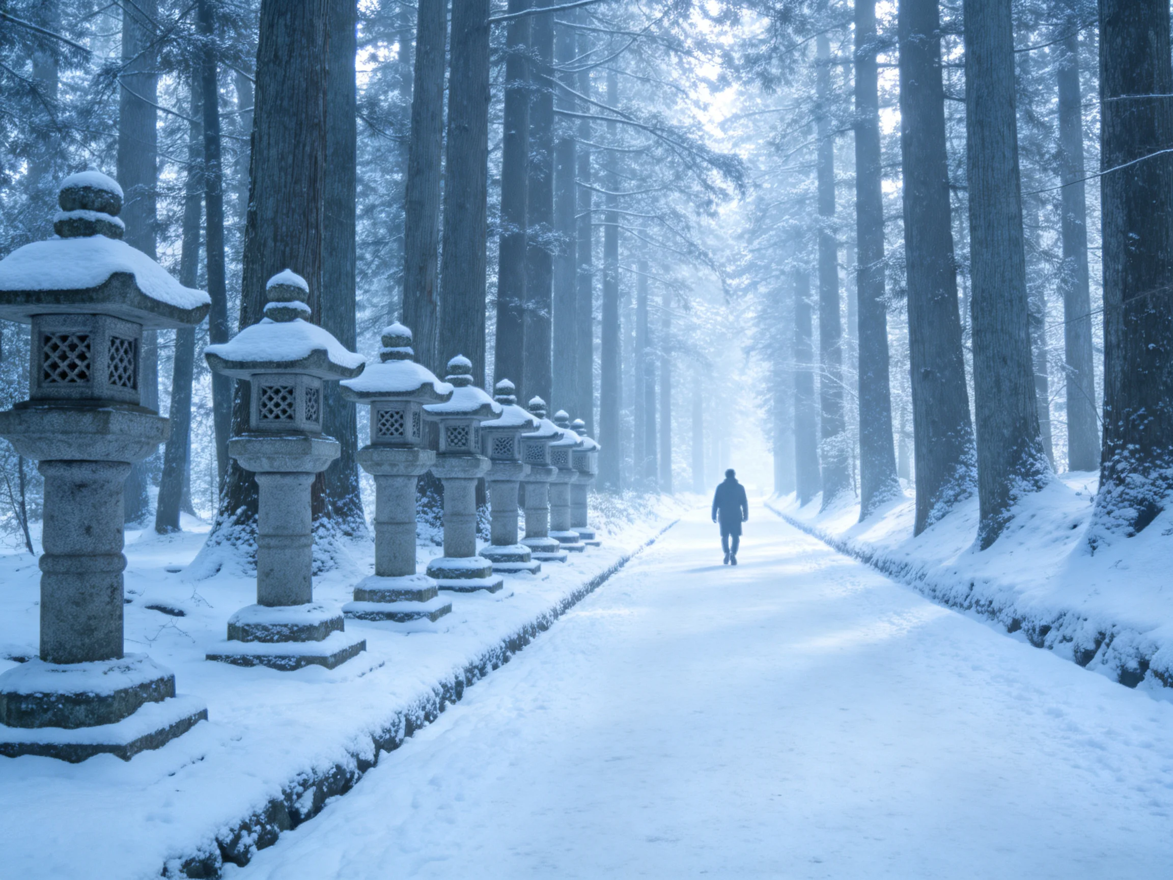 A snow-covered path lined with stone lanterns amid tall evergreens