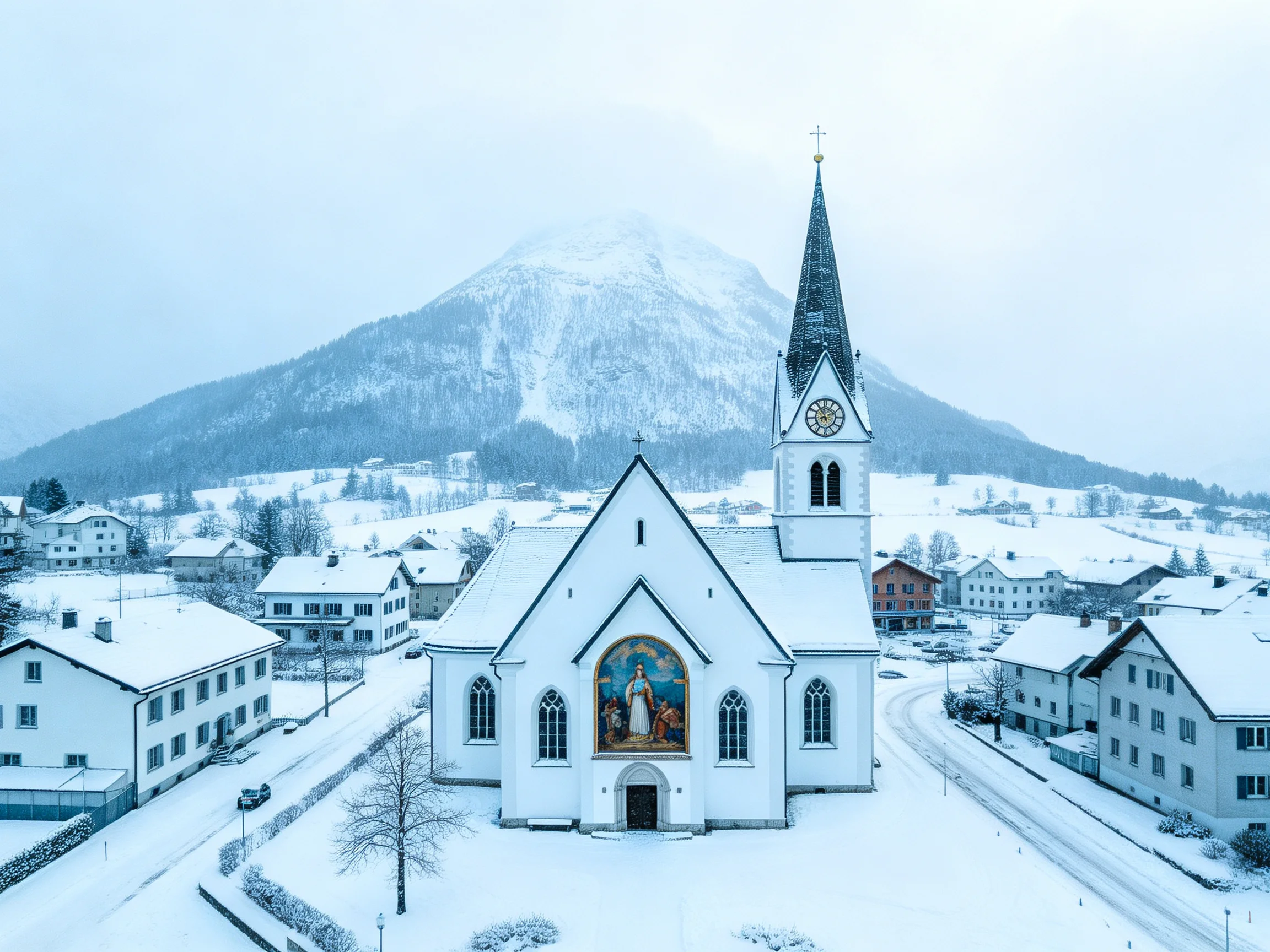 A snow-covered village with a prominent white church near a mountain