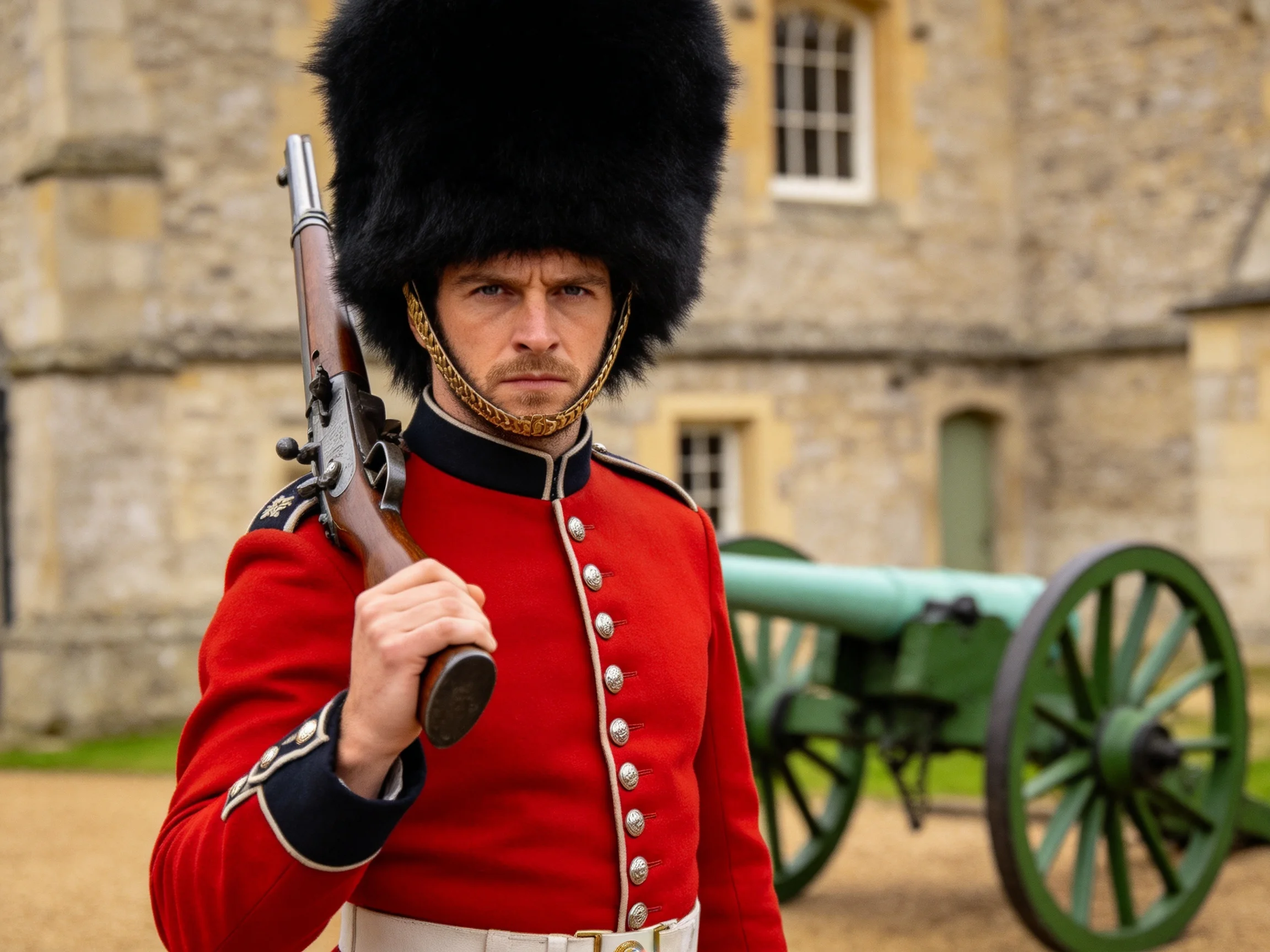 A soldier in a bright red uniform stands beside an old green cannon