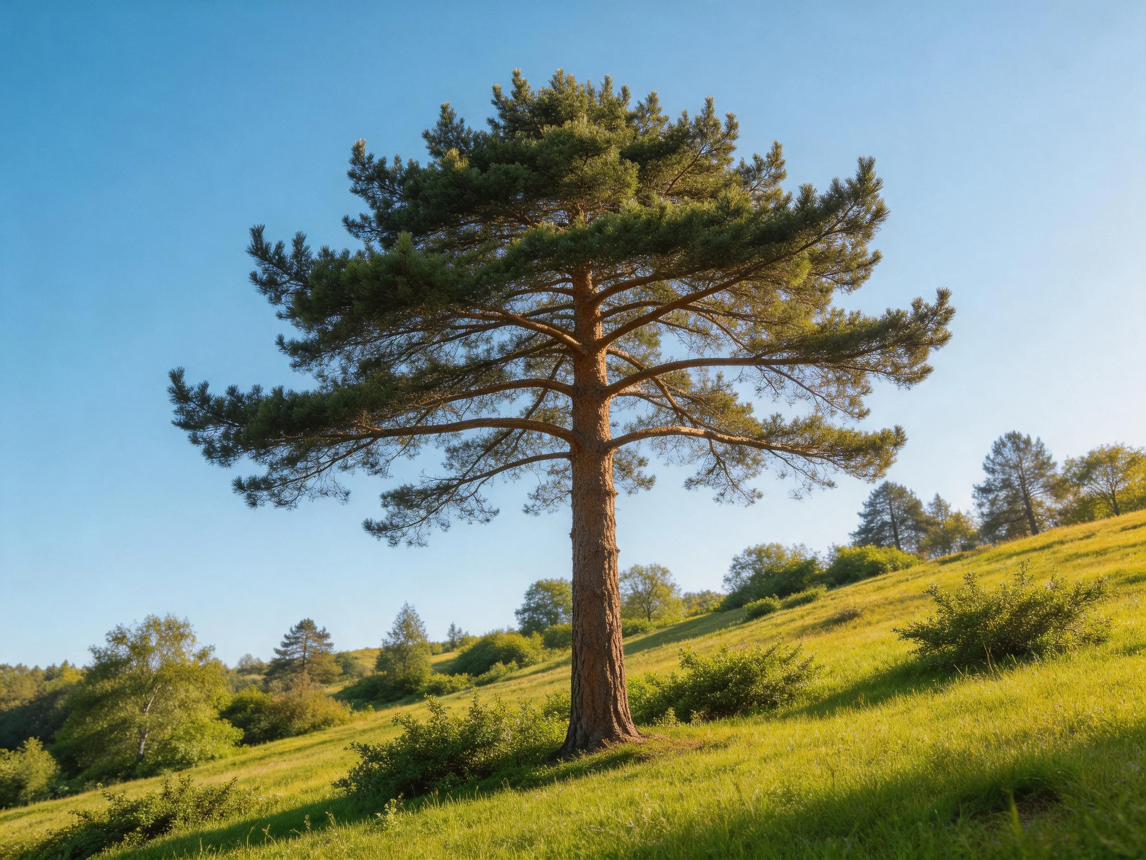 A solitary pine tree stands on a lush green hillside under clear blue sky