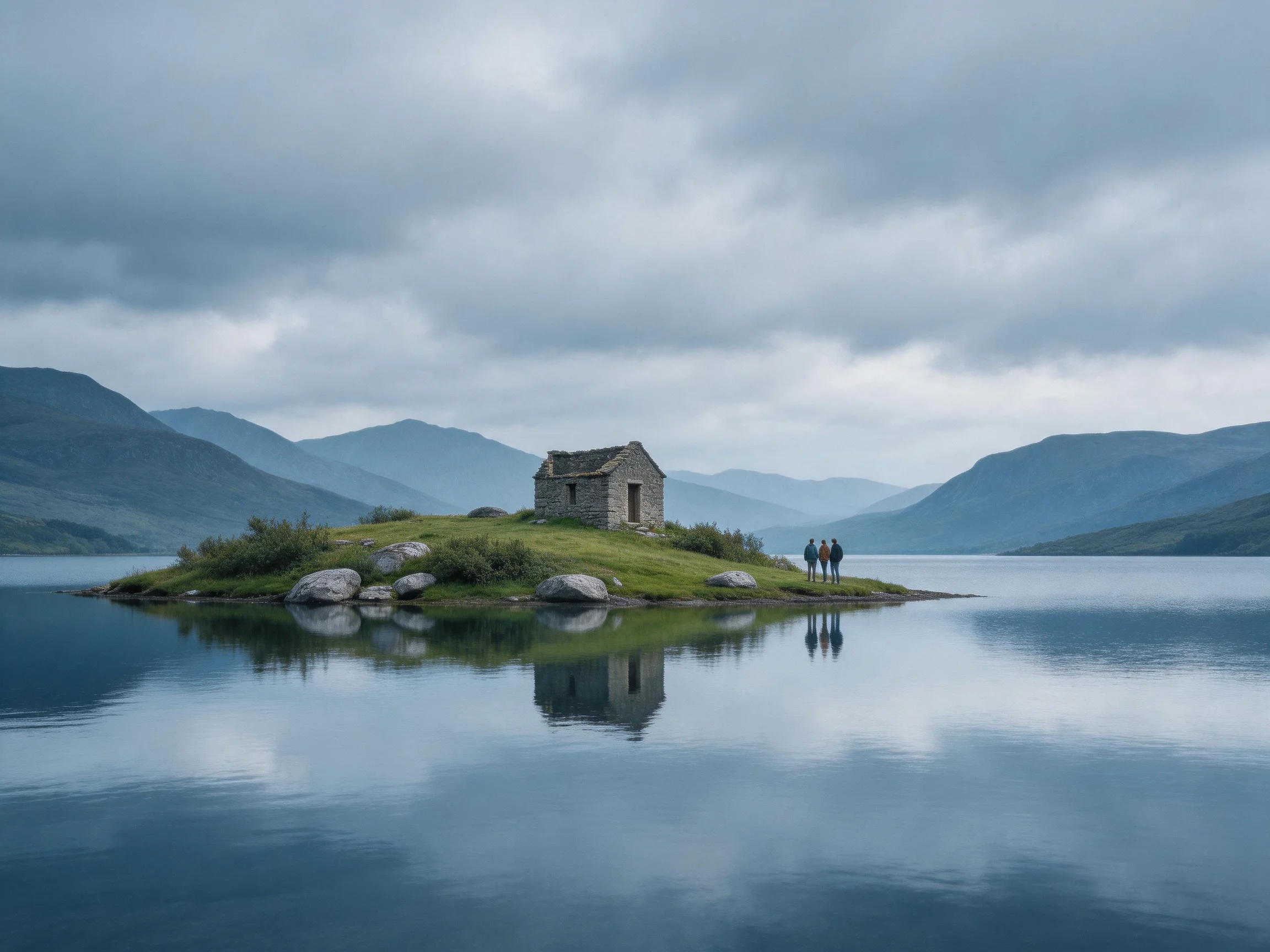 A solitary stone cottage on a small island amid calm waters