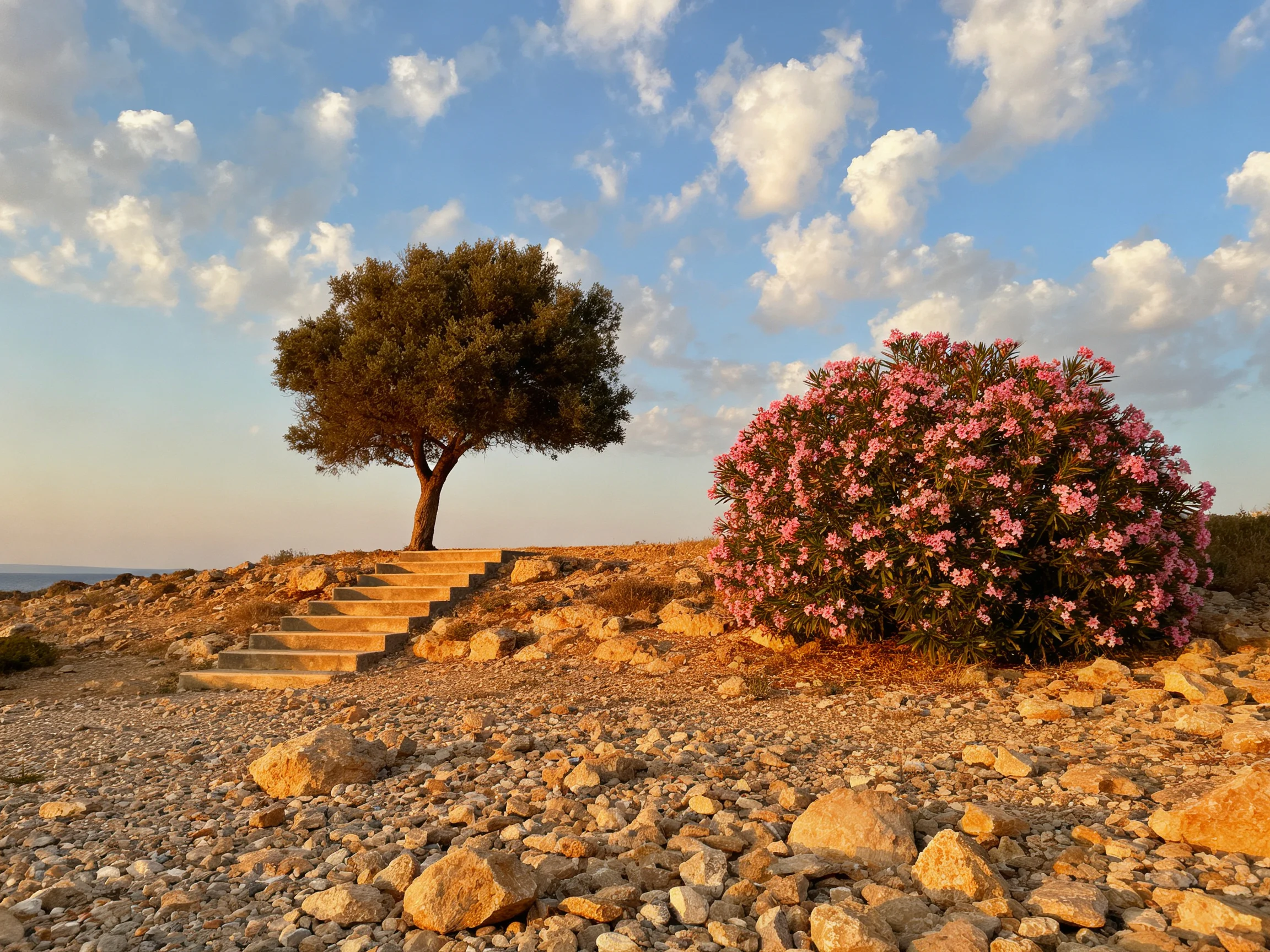 A solitary tree next to a pink-flowered bush by stone steps under a sunny sky