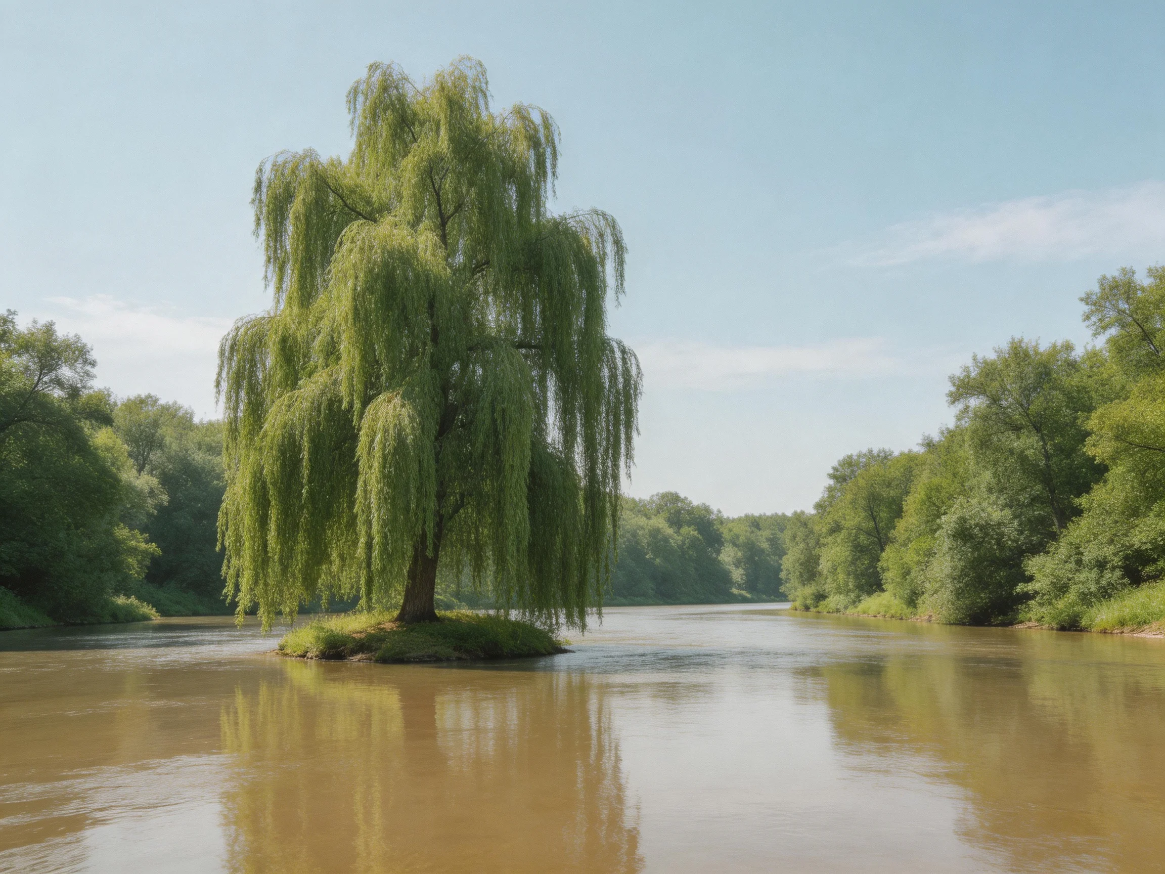 A solitary weeping willow sits on a small island in brown waters
