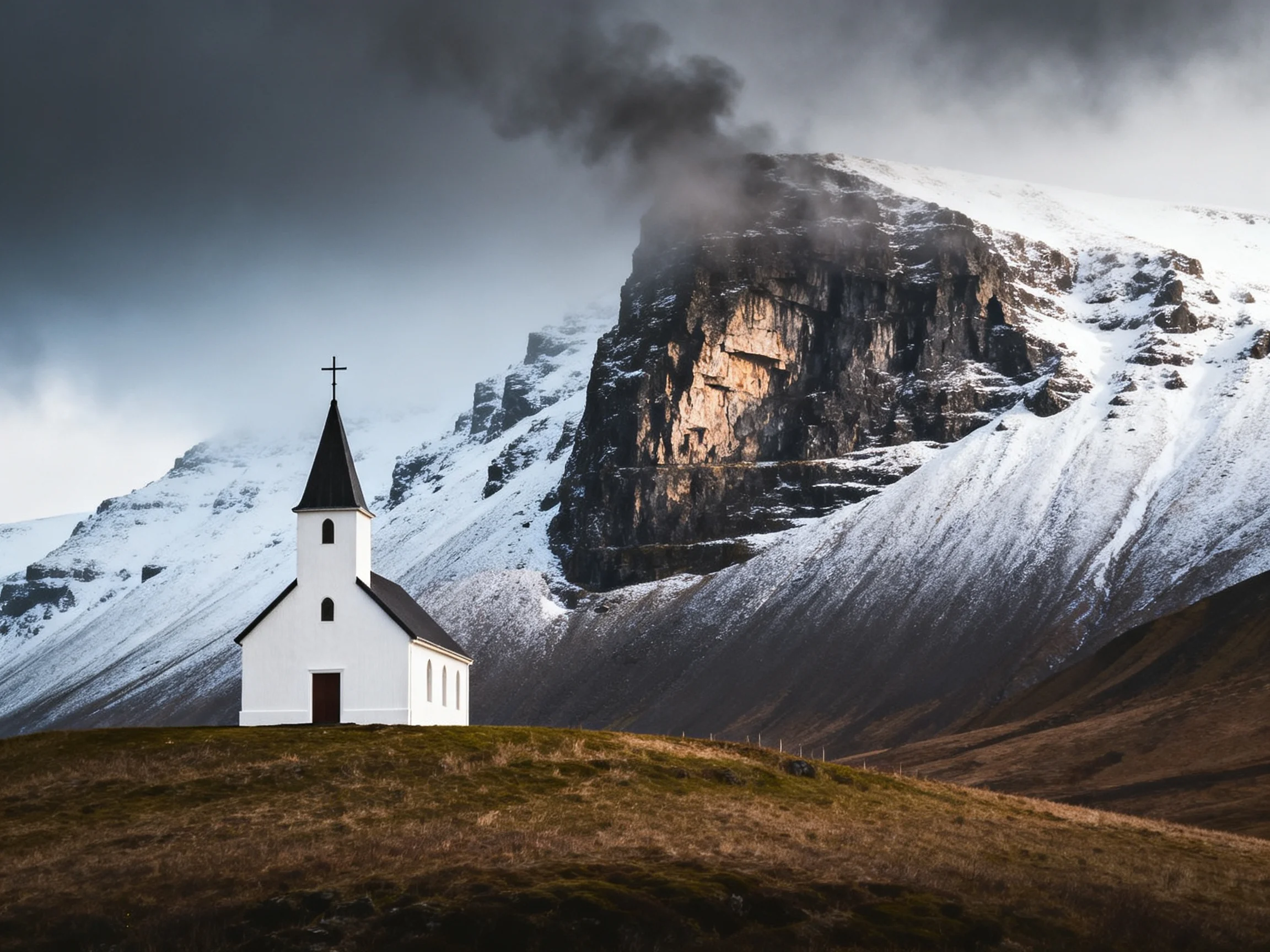 A solitary white church beside towering snow-draped mountain cliffs
