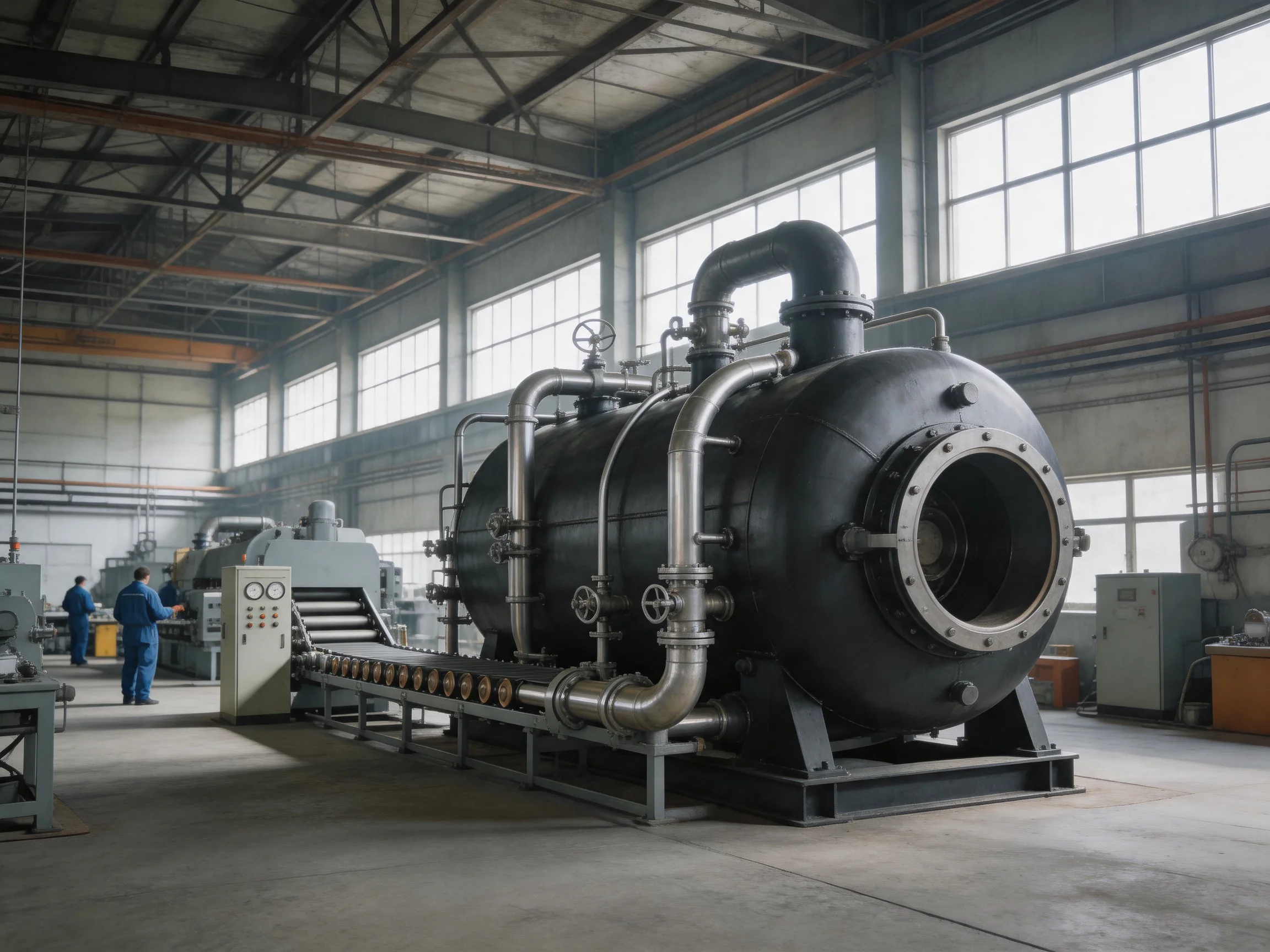 A spacious industrial warehouse with a large black cylindrical tank